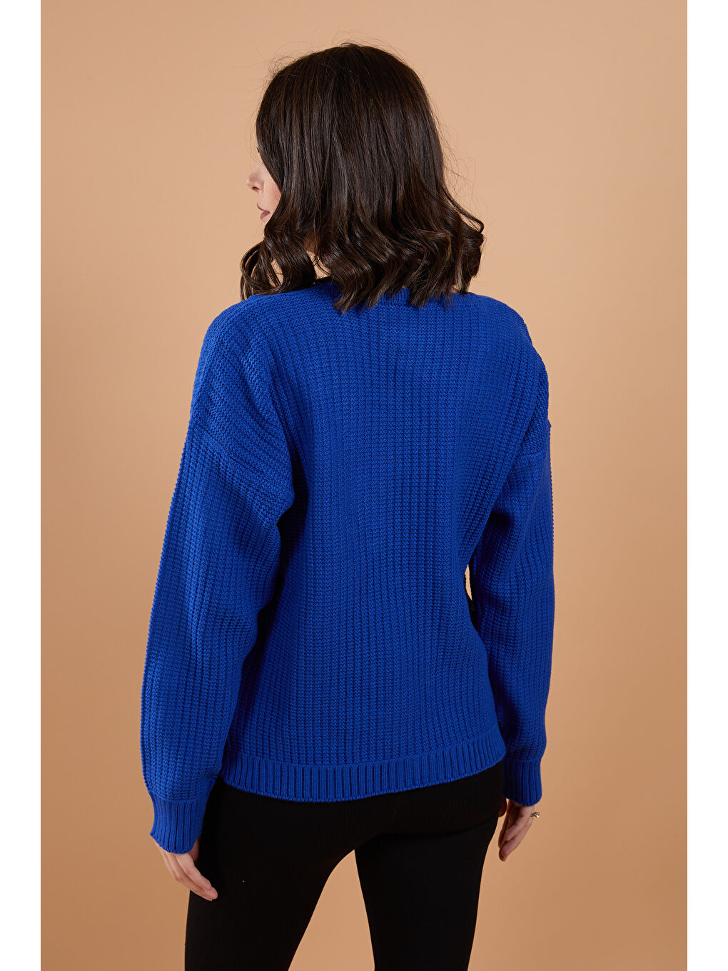 Mavi Düğmeli Kabarcık Detaylı Triko Hırka Saks - 27648-4