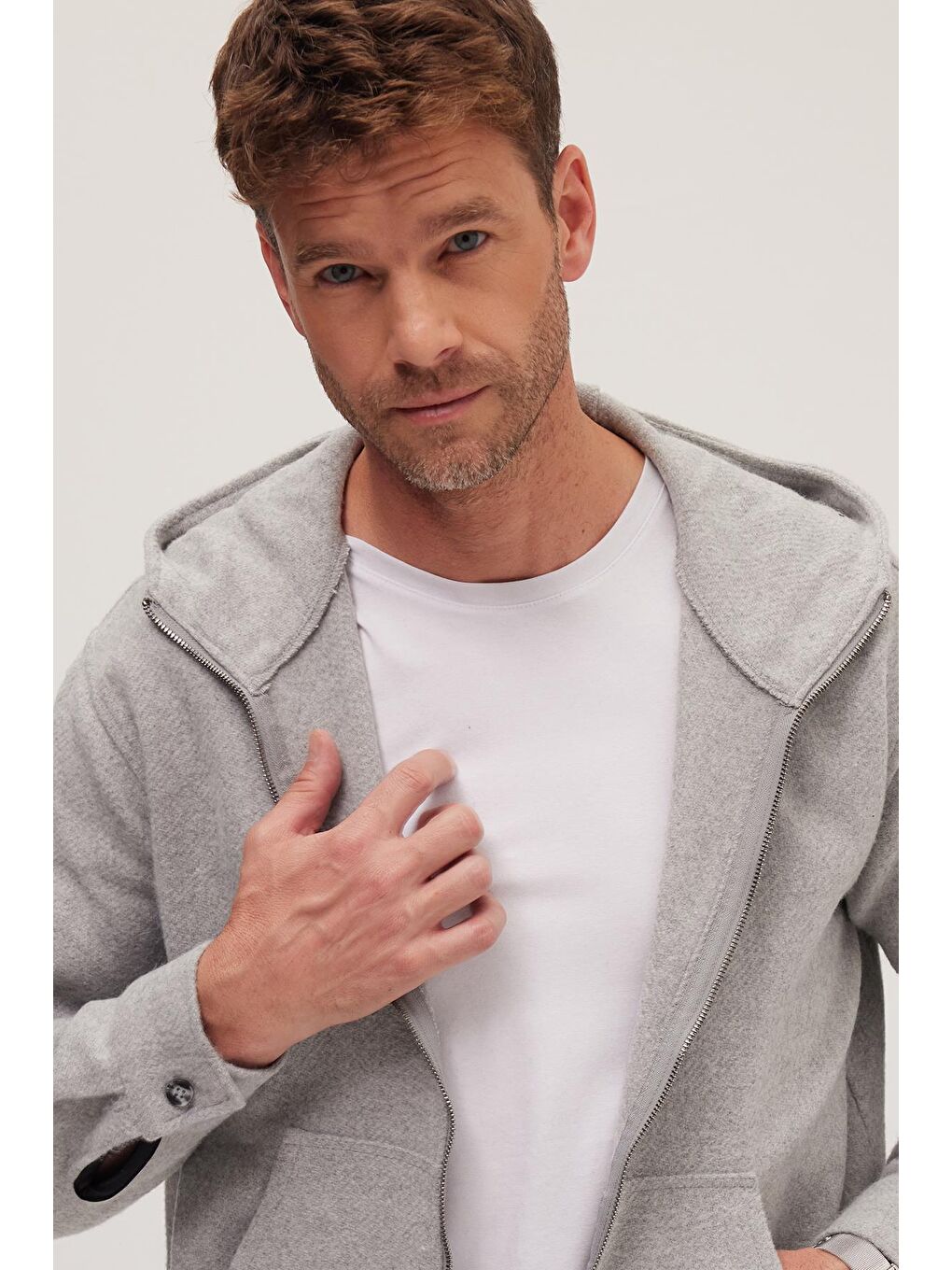 Erkek Relax Fit Rahat Kesim Fermuarlı Çift Cep Kapüşonlu Açık Gri Sweatshirt