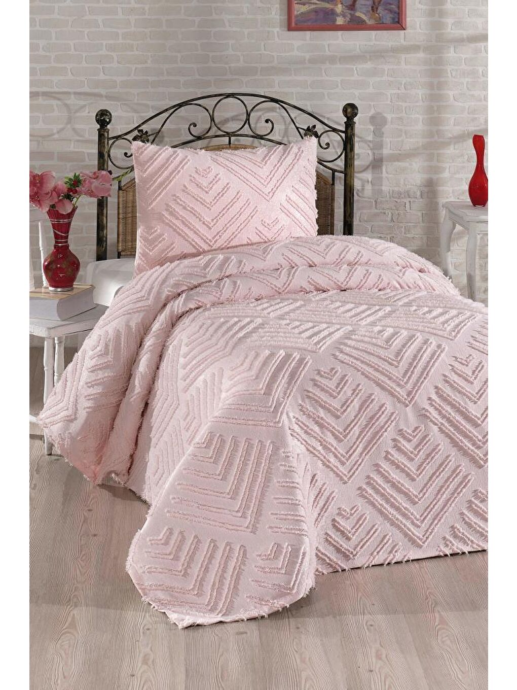 Pembe Pine 2 Parça Tek Kişilik Pike Takımı Pudra