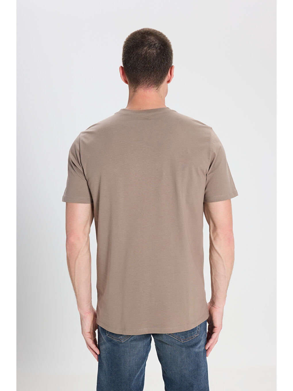 Bej Regular Fit Normal Kesim Bisiklet Yaka %100 Pamuk Vizon Tişört-4