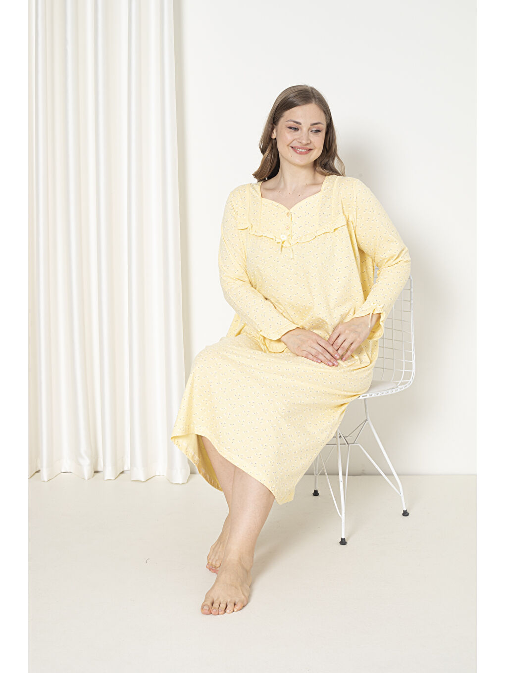 Sarı %100 Pamuklu Mevsimlik Uzun Kol Penye Büyük Beden Anne Gecelik 180-3