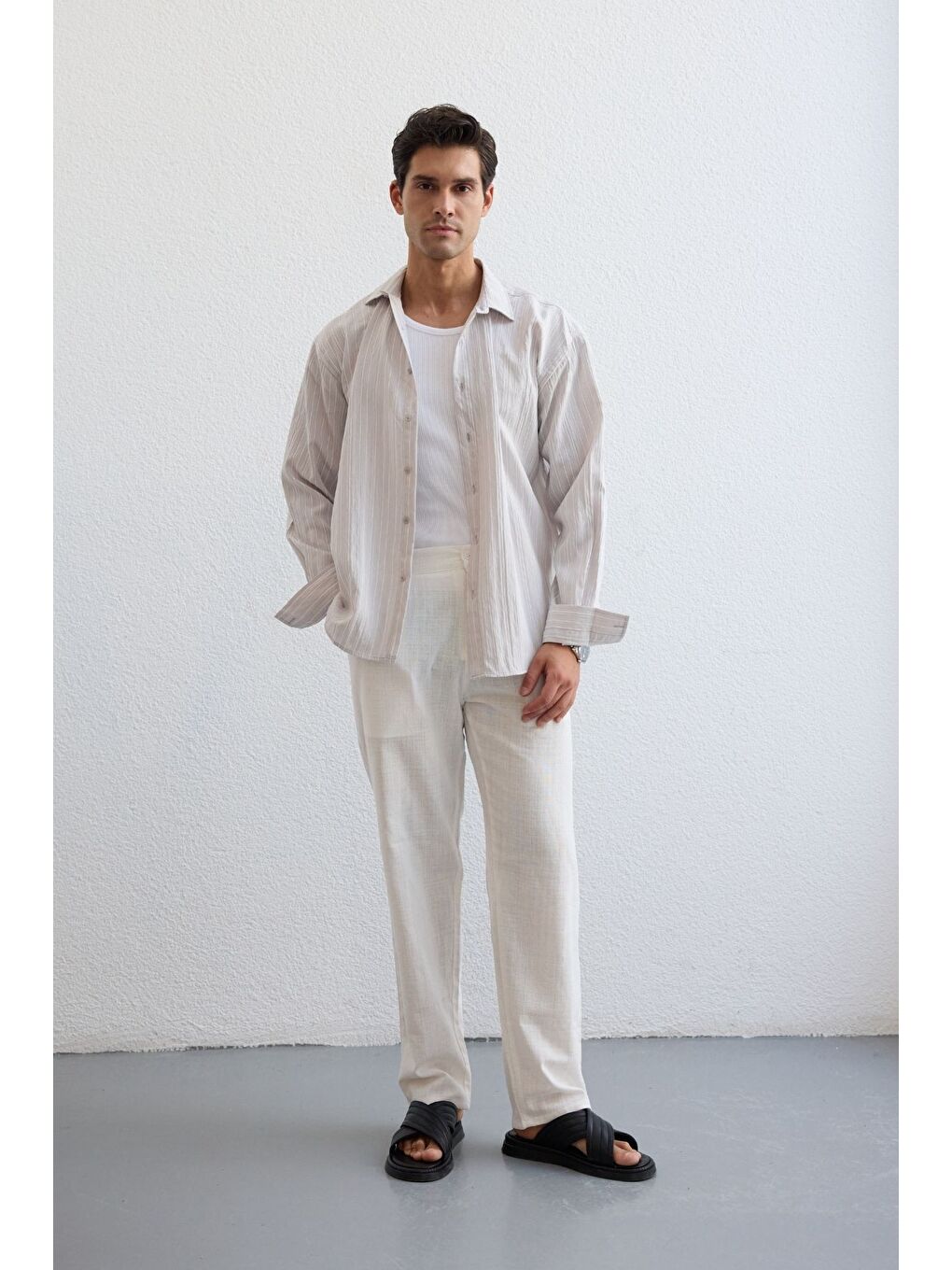 Gri Tugur Erkek Çizgili Oversize Premium Gömlek Soft Touch Refined Comfort-2