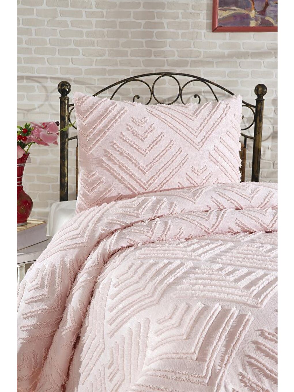 Pembe Pine 2 Parça Tek Kişilik Pike Takımı Pudra-1