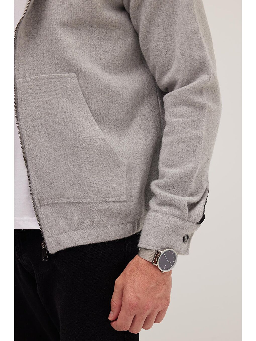 Erkek Relax Fit Rahat Kesim Fermuarlı Çift Cep Kapüşonlu Açık Gri Sweatshirt-2