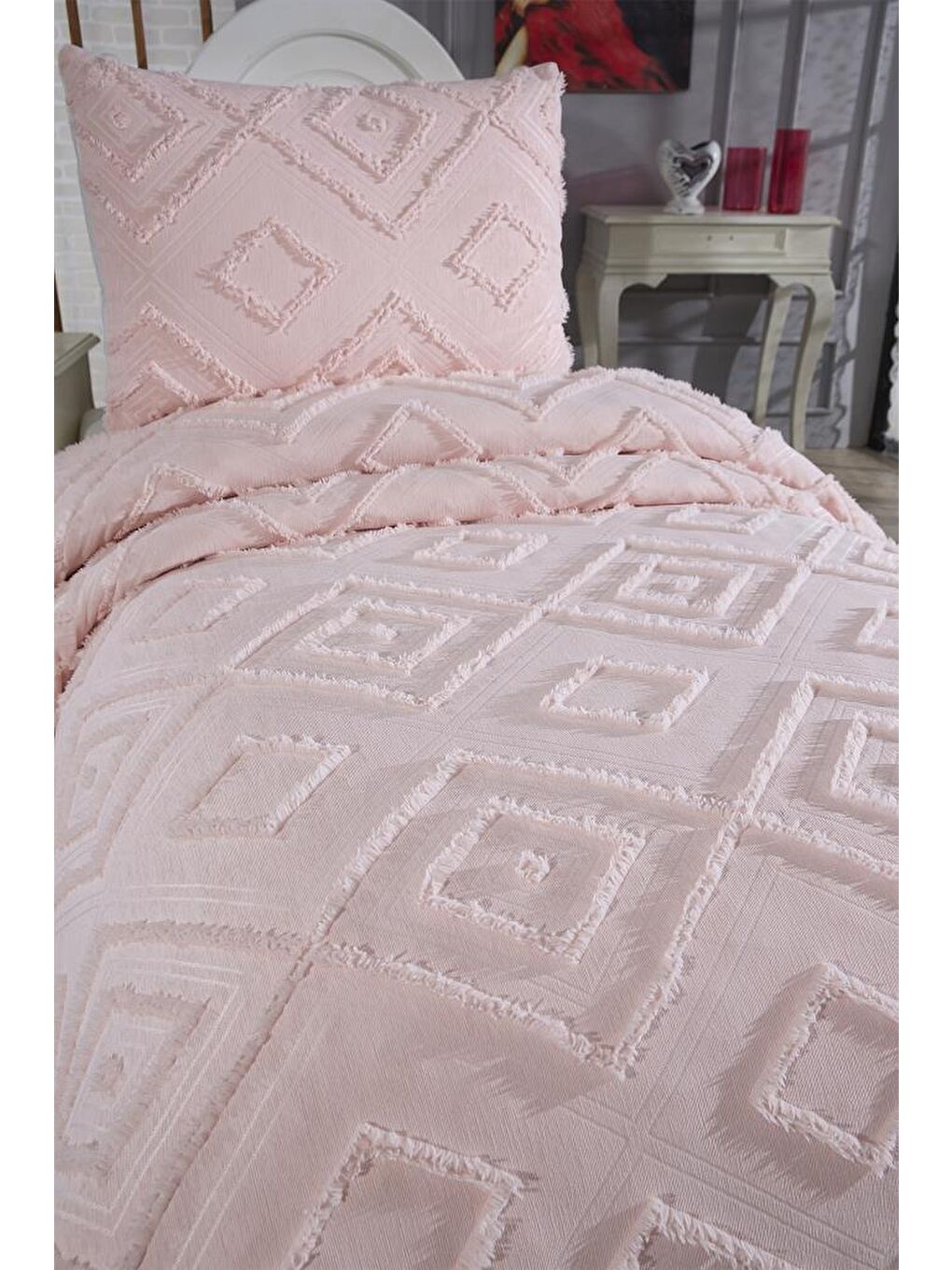 Pembe Samira 2 Parça Tek Kişilik Pike Takımı Pudra-5