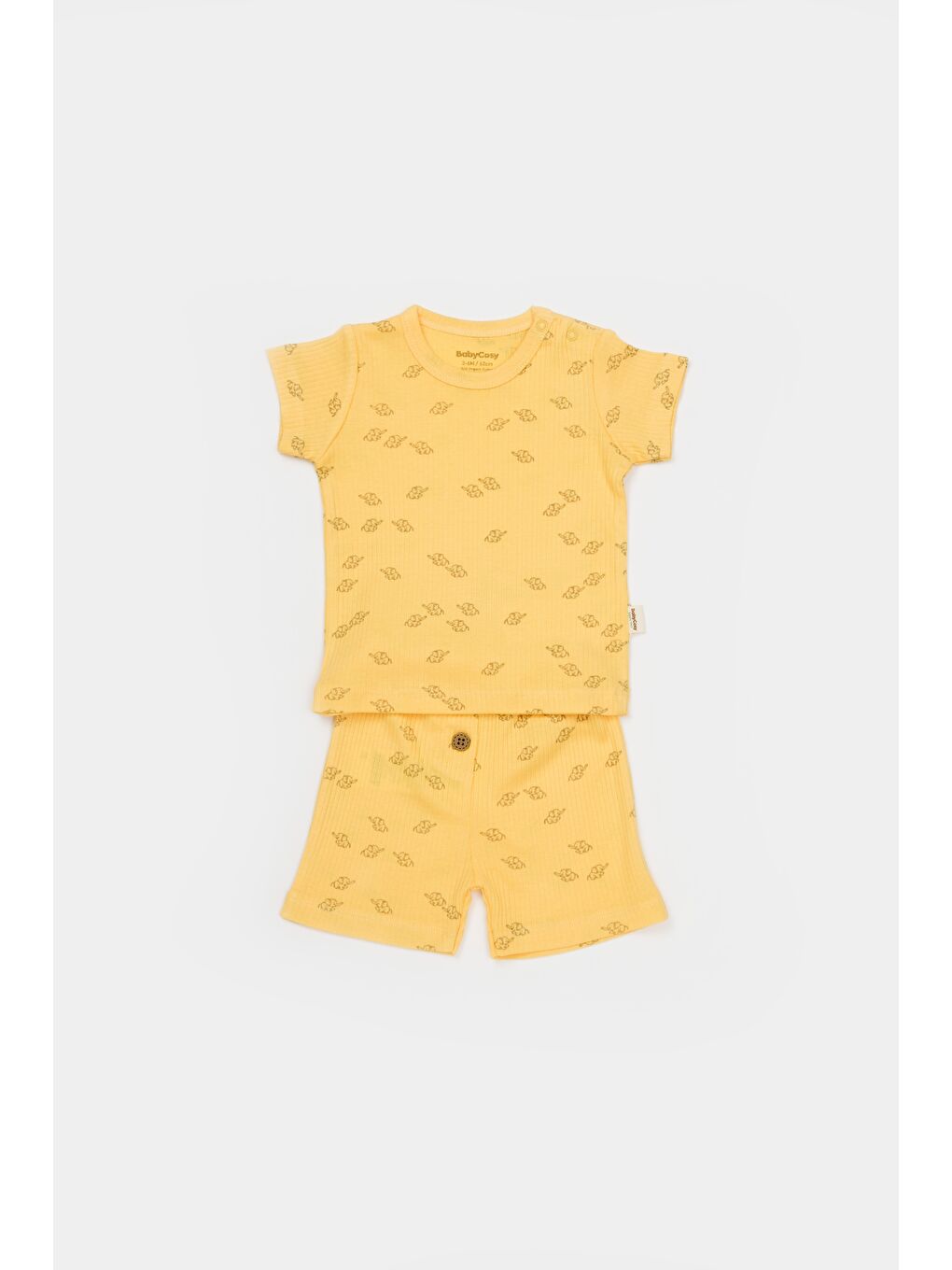 Sarı Unisex Bebek Pamuklu Mini Fil Desenli T-Shirt Ve Şort Takım