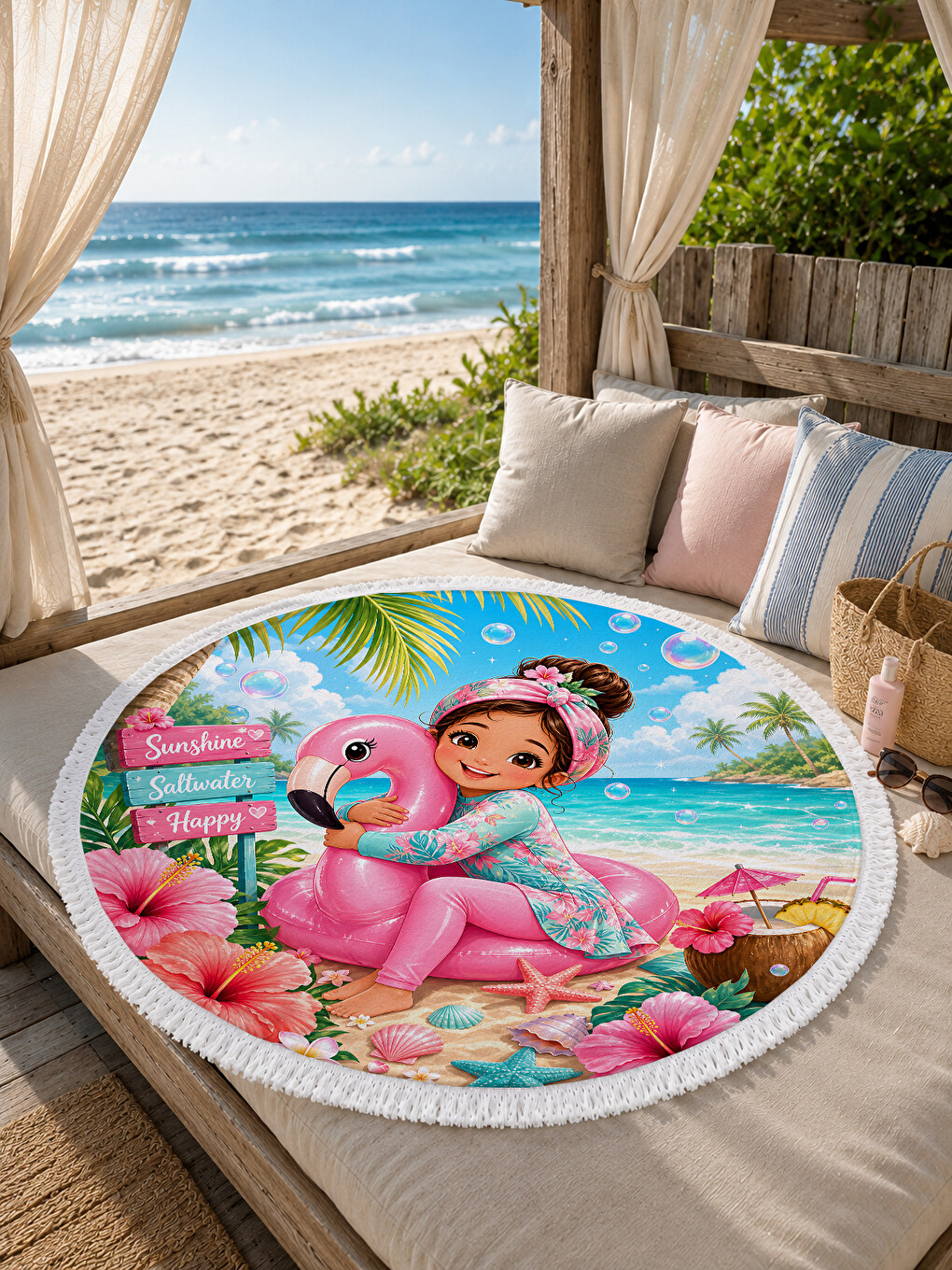 Pembe Flamingo Rüyası 150 Cm Yuvarlak Çocuk Plaj Havlusu Flamingo ve Tropik Çiçek Desenli-1