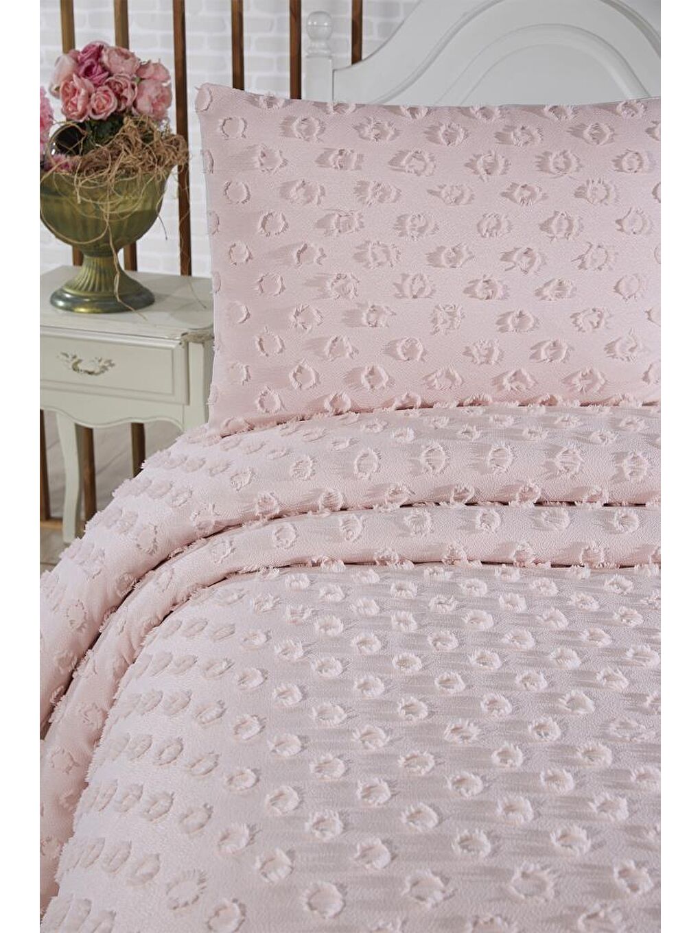 Pembe Konik 2 Parça Tek Kişilik Pike Takımı Pudra-2