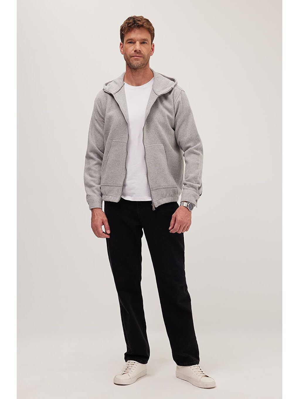 Erkek Relax Fit Rahat Kesim Fermuarlı Çift Cep Kapüşonlu Açık Gri Sweatshirt-3