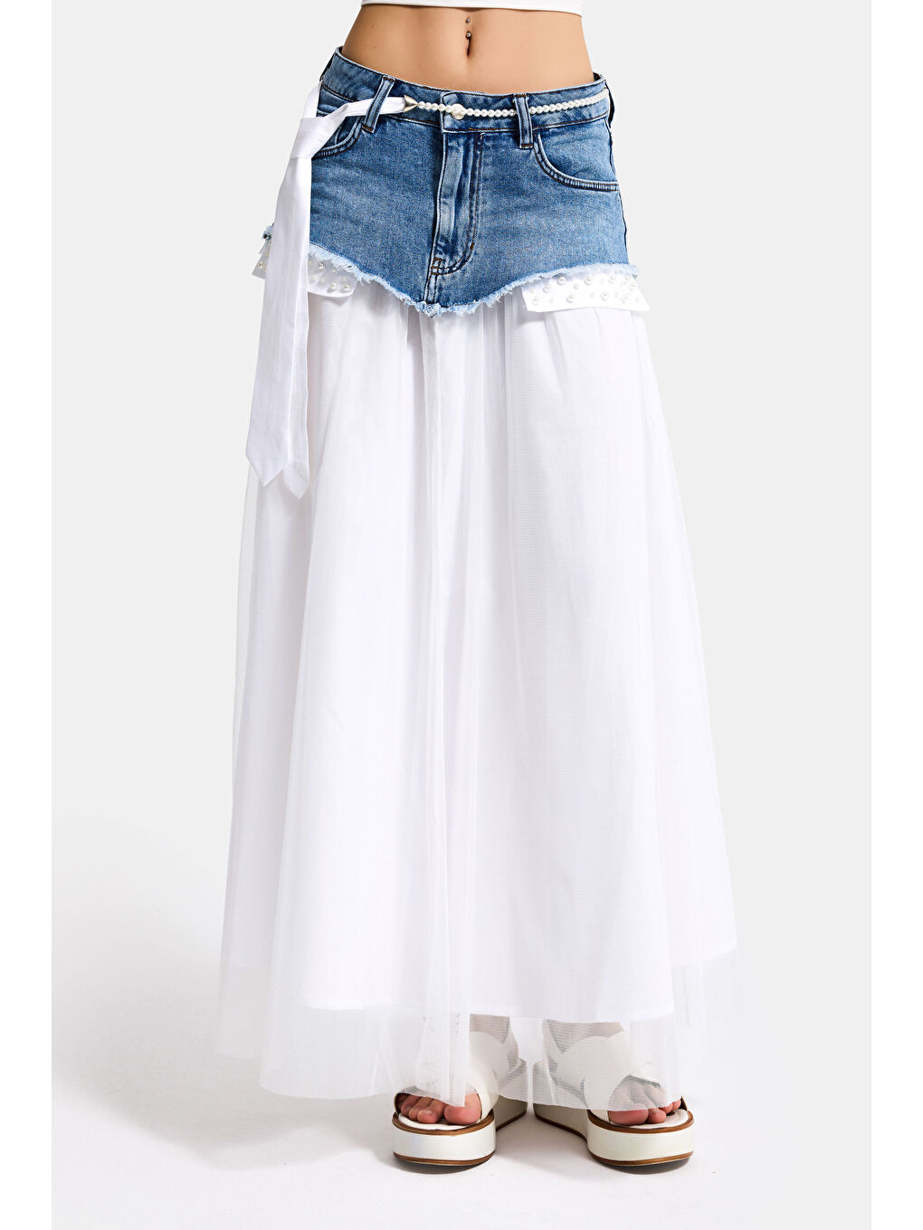 Kadın Beyaz Jean Rengi Maxi Boy Kravat Detaylı Özel Tasarım Etek-1