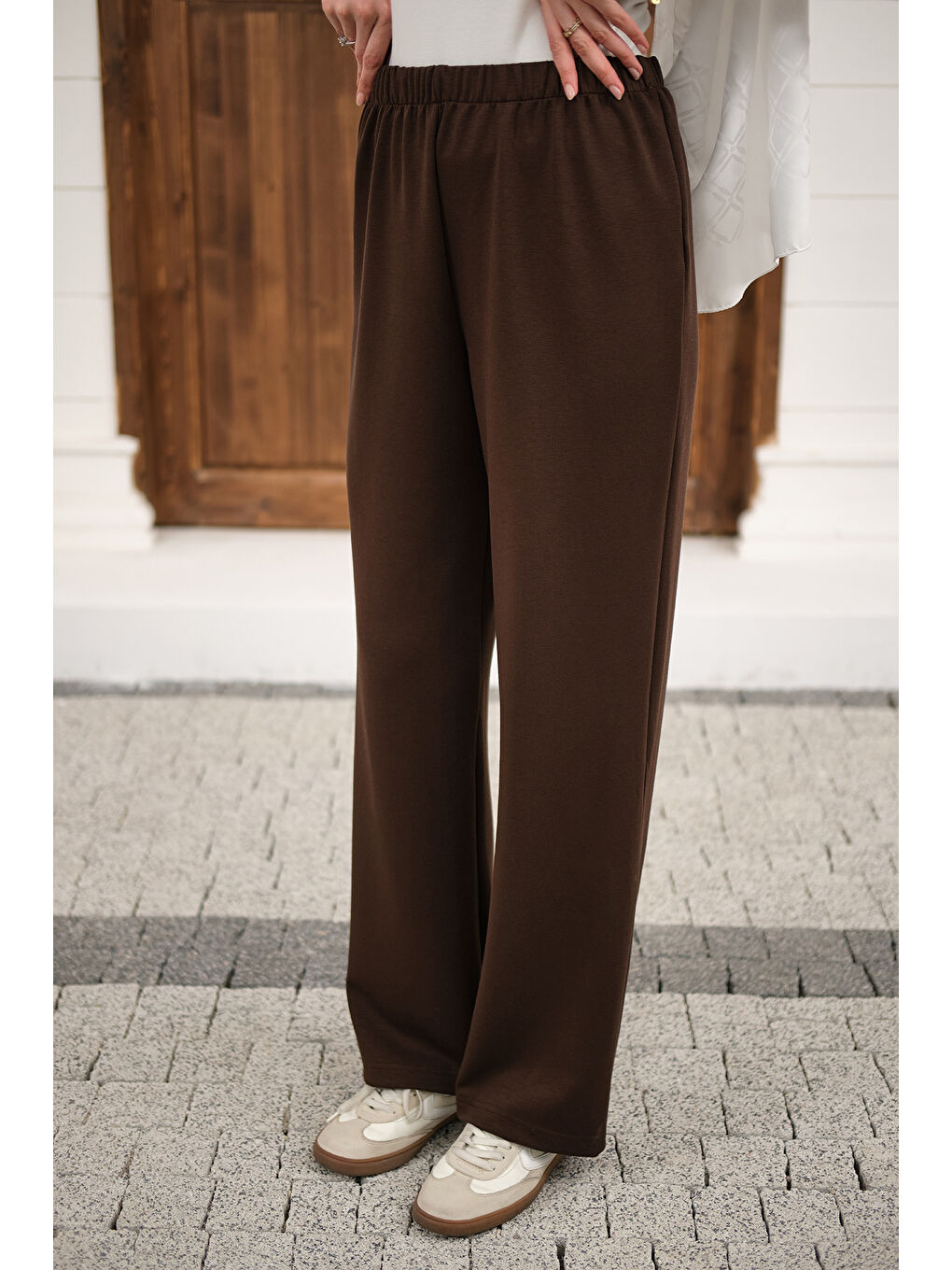 Kadın Beli Lastikli Pantolon Kahverengi-4