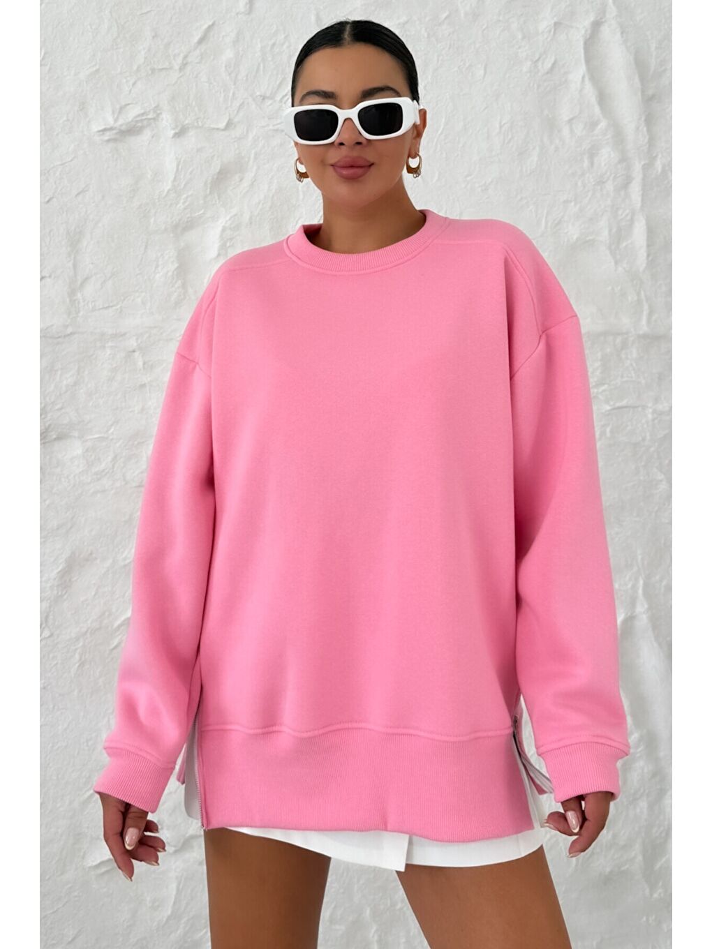 Kadın Pembe Bisiklet Yakalı Yanı Yarım Fermuar Detaylı Sweatshirt-3