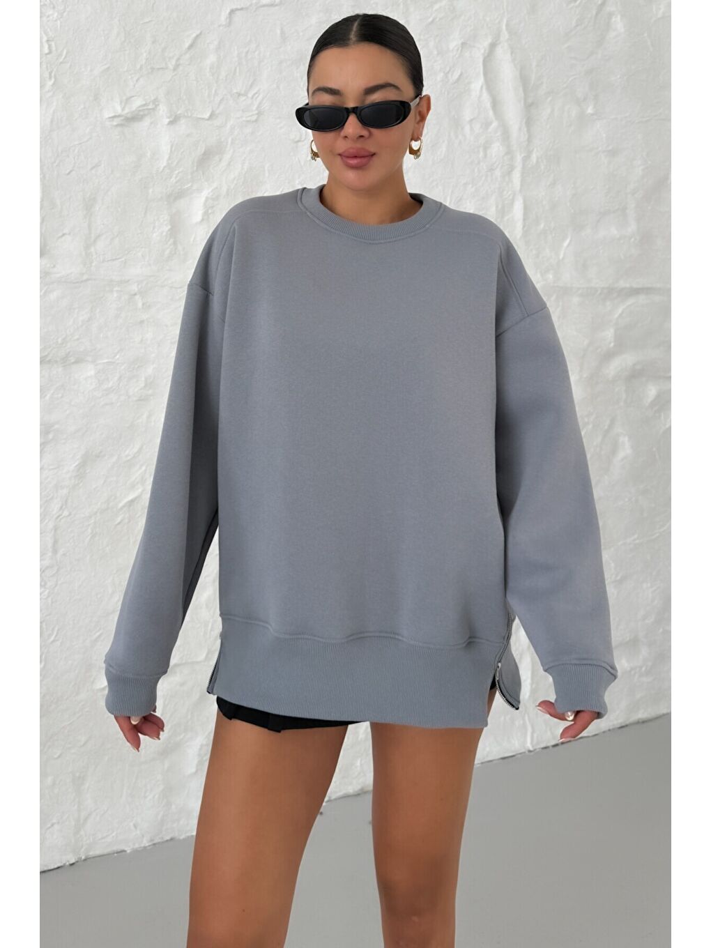 Gri Kadın Füme Bisiklet Yakalı Yanı Yarım Fermuar Detaylı Sweatshirt