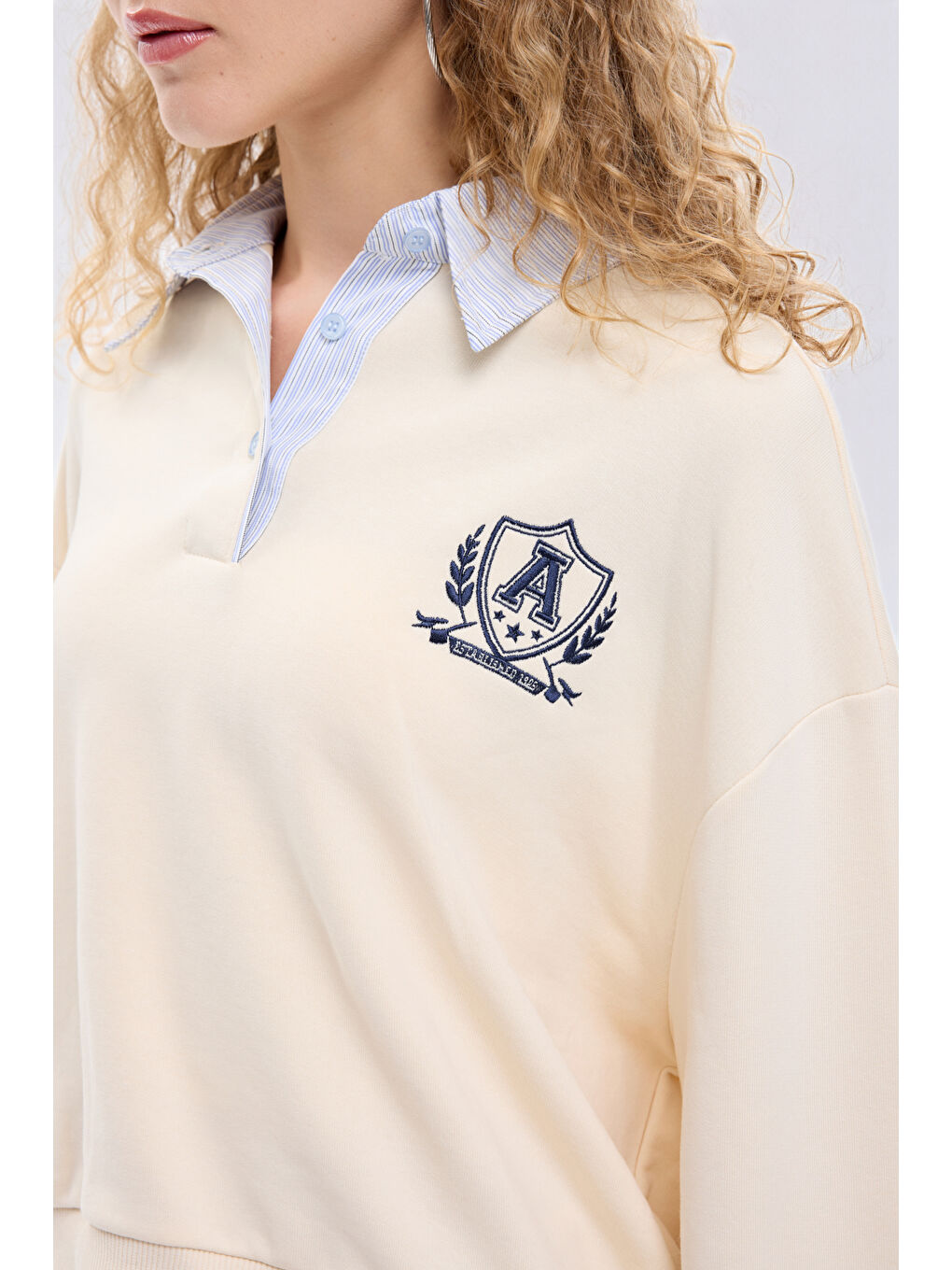 Çizgili Gömlek Yaka Detaylı Arma Nakışlı Oversize Sweatshirt Bej-3