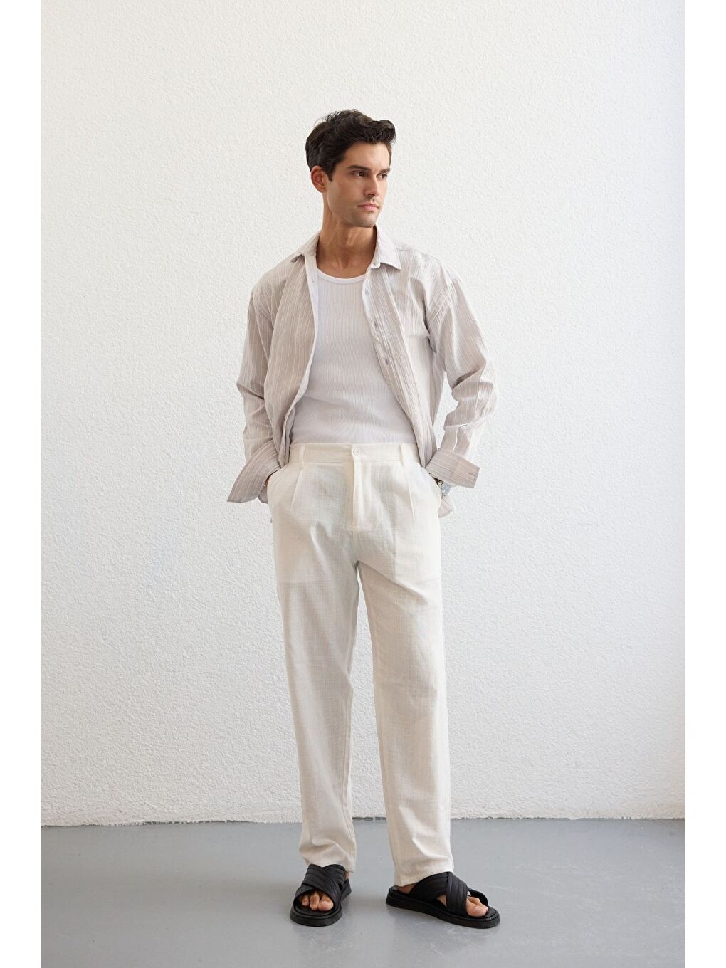 Gri Tugur Erkek Çizgili Oversize Premium Gömlek Soft Touch Refined Comfort-4