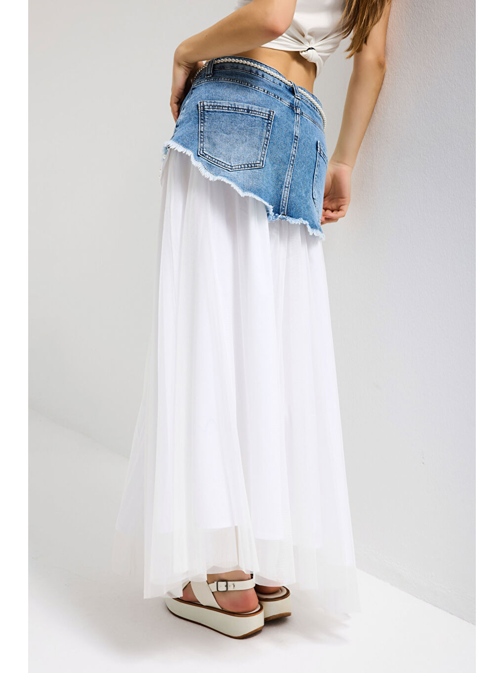 Kadın Beyaz Jean Rengi Maxi Boy Kravat Detaylı Özel Tasarım Etek-2