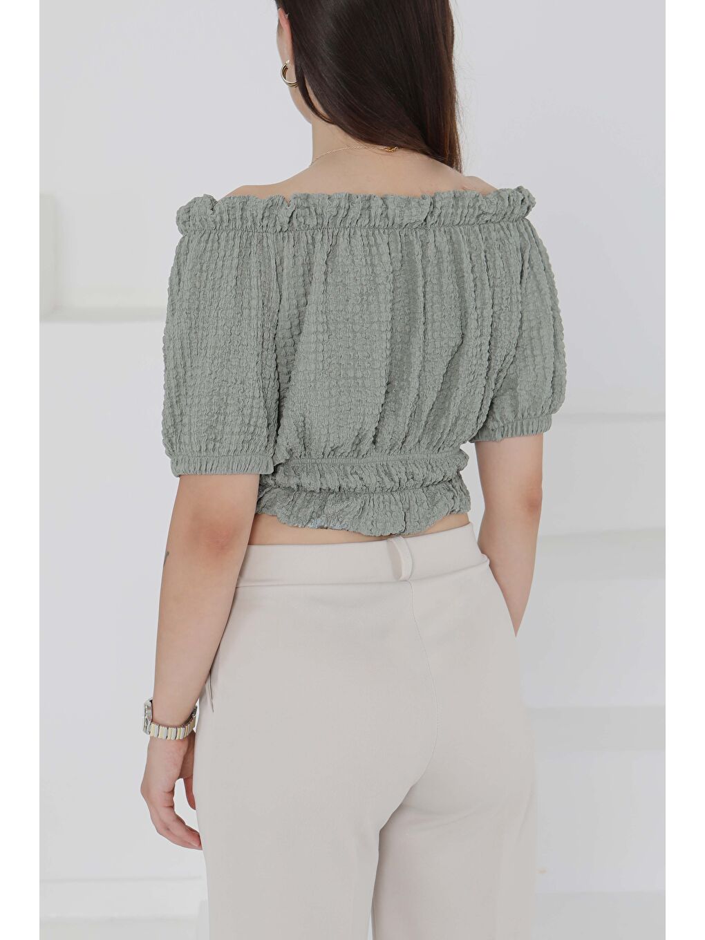 Buffle Büzgülü Crop Haki - 27485-3