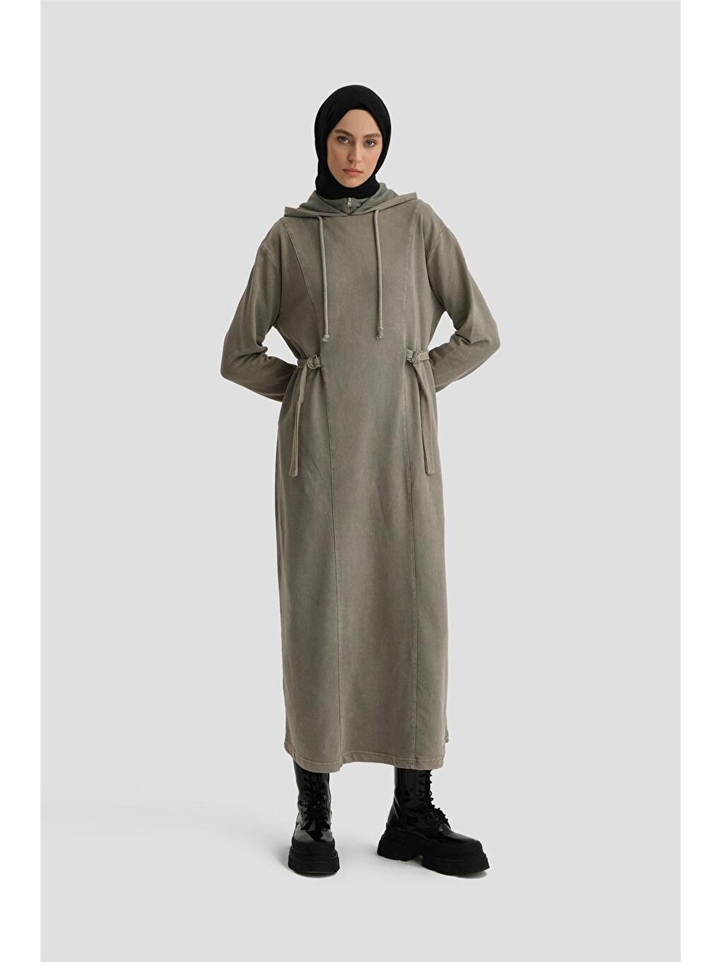 Bej Beli Bağlamalı Örme Elbise 24Kd6808 Vizon