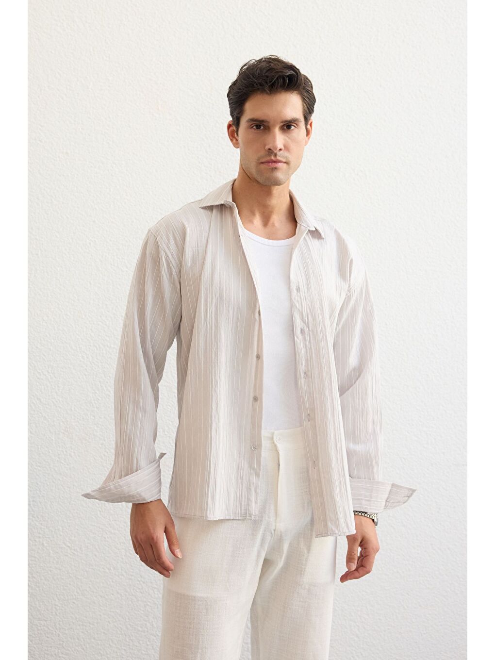 Gri Tugur Erkek Çizgili Oversize Premium Gömlek Soft Touch Refined Comfort-5