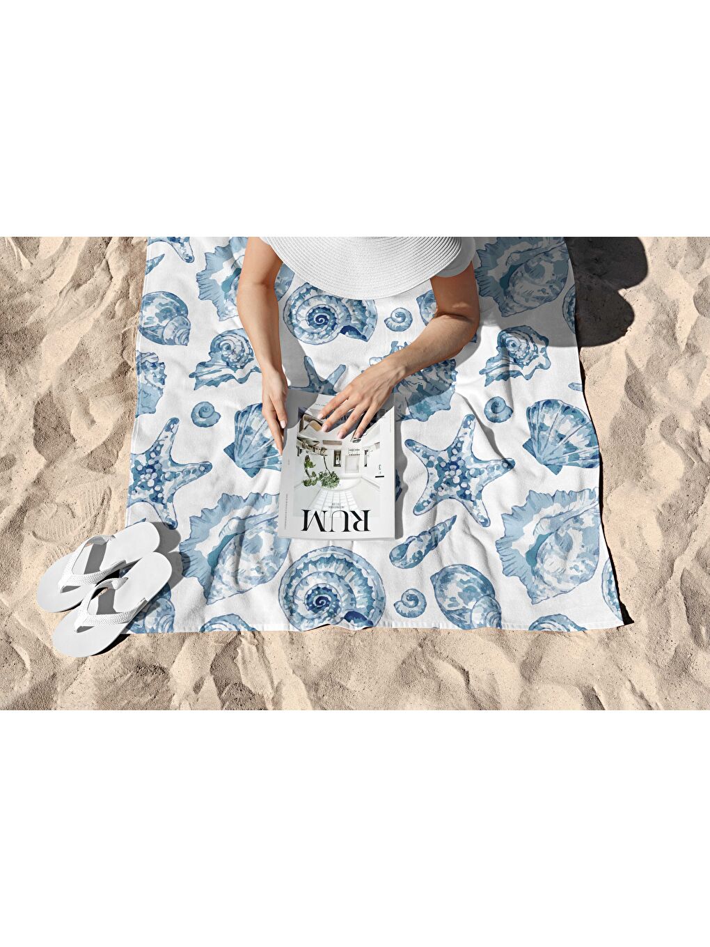 Beyaz Deniz Kabuğu Desen  100 Pamuk Plaj Havlusu 75x150-1