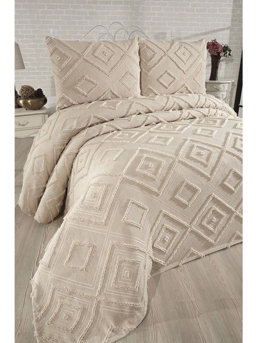 Samira 3 Parça Çift Kişilik Pike Takımı Bej-1