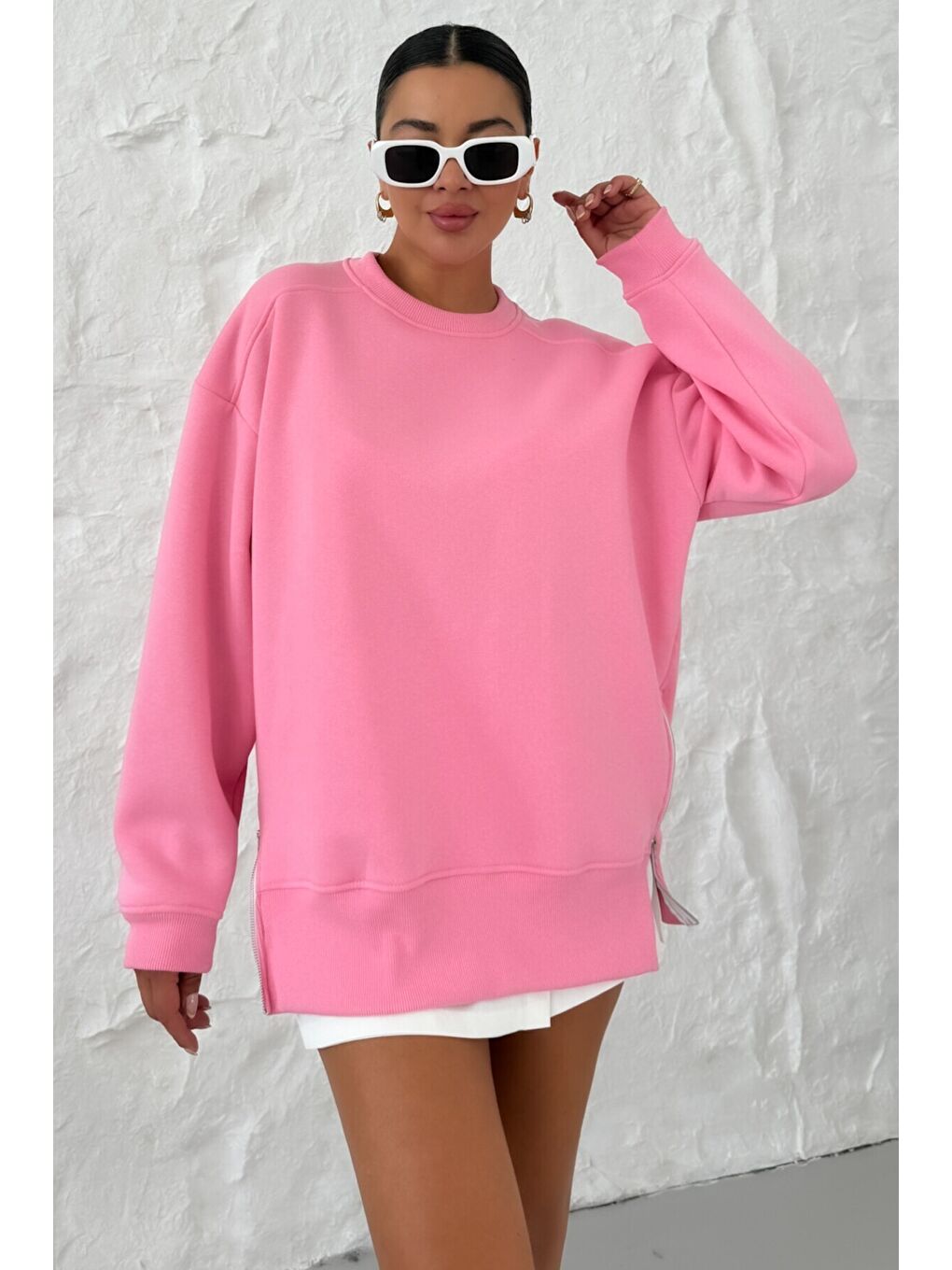 Kadın Pembe Bisiklet Yakalı Yanı Yarım Fermuar Detaylı Sweatshirt-4