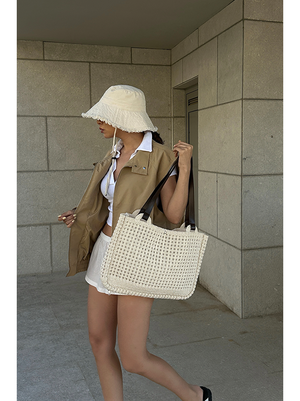 Ekru Fabri Big Size Makrome Omuz Çantası Krem-10