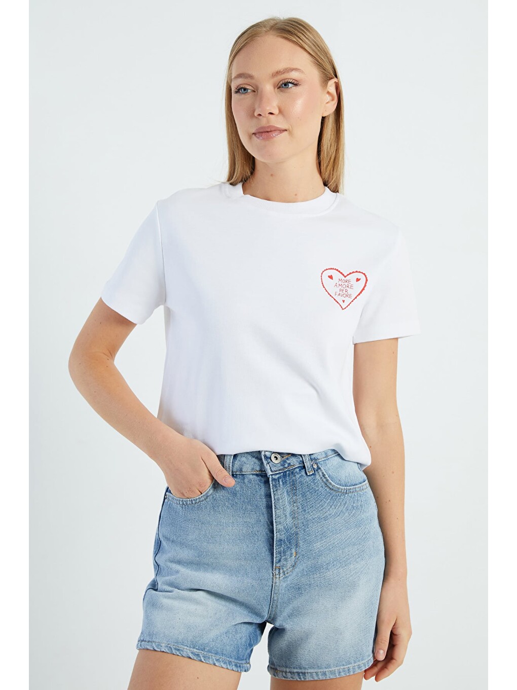 Beyaz More Amore Per Favore Baskılı Tişört-2