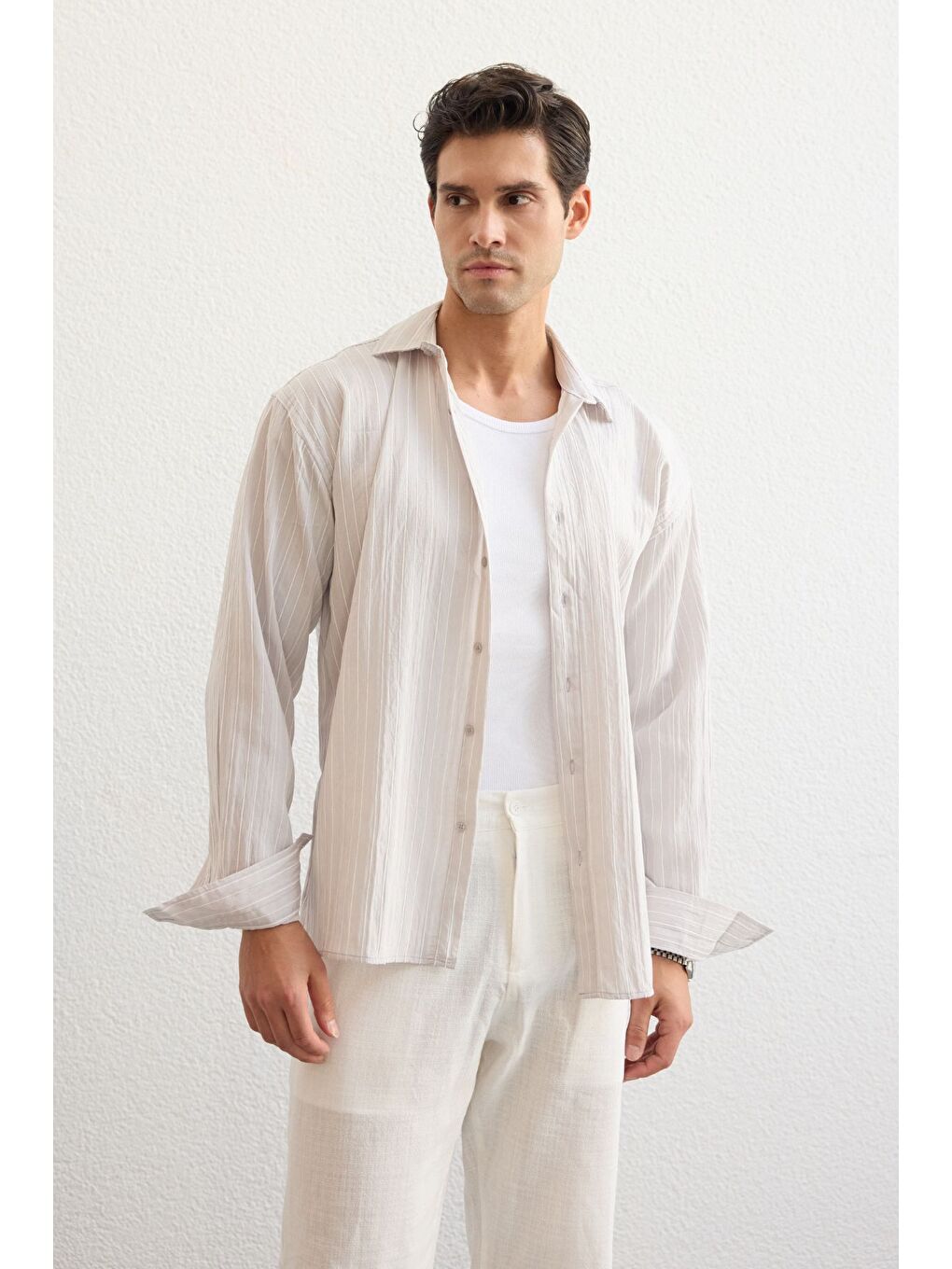 Gri Tugur Erkek Çizgili Oversize Premium Gömlek Soft Touch Refined Comfort-6