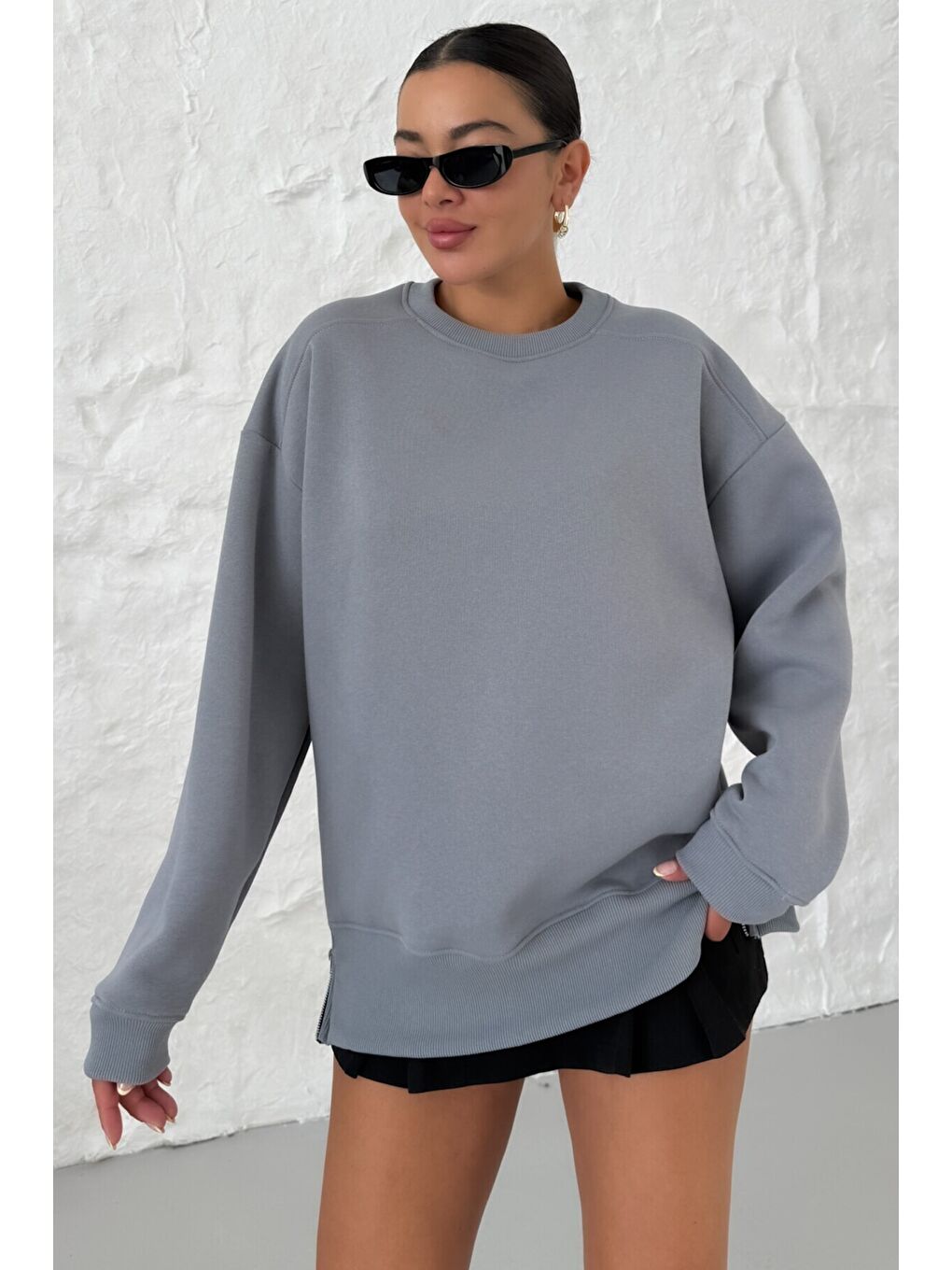 Gri Kadın Füme Bisiklet Yakalı Yanı Yarım Fermuar Detaylı Sweatshirt-1