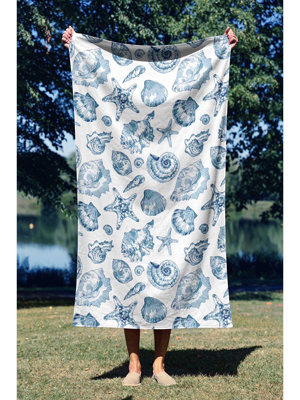 Beyaz Deniz Kabuğu Desen  100 Pamuk Plaj Havlusu 75x150