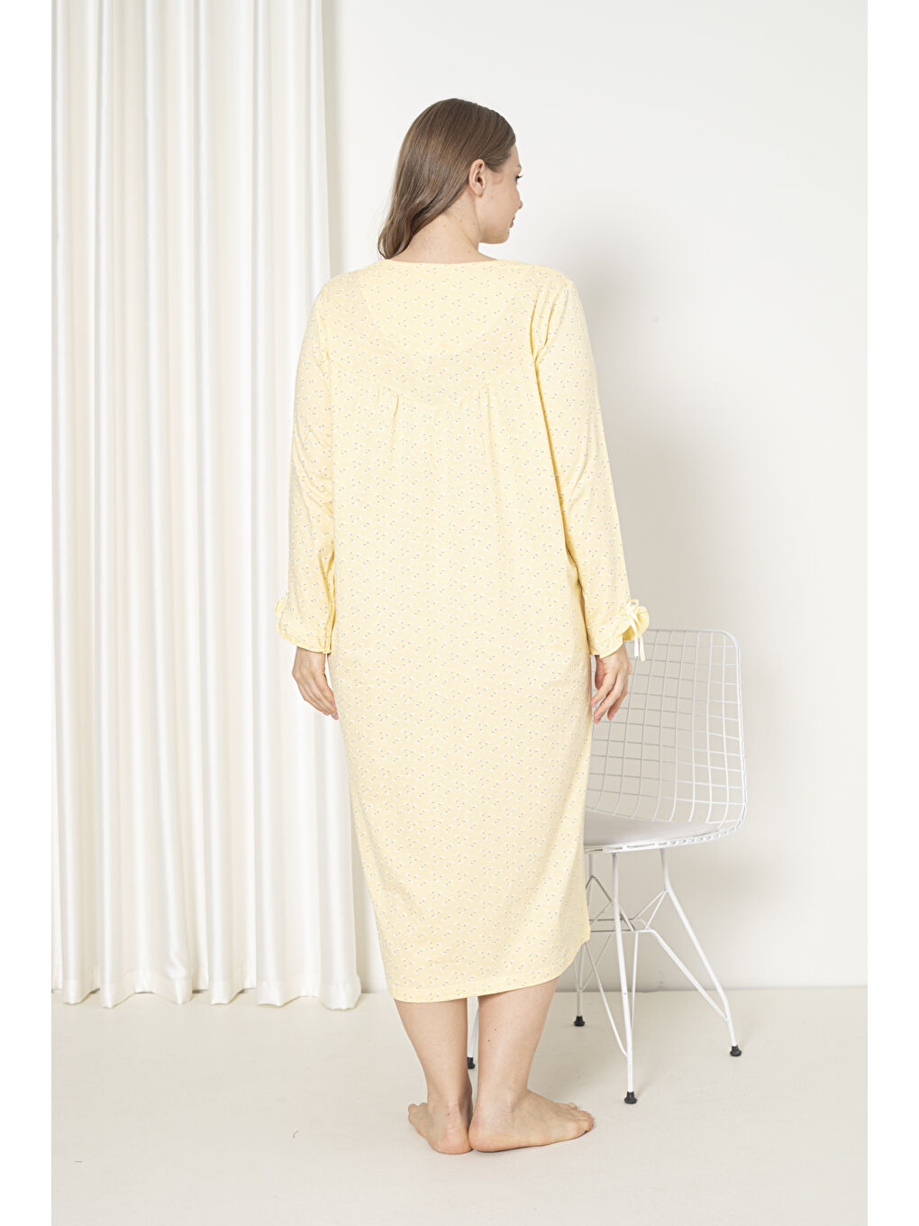 Sarı %100 Pamuklu Mevsimlik Uzun Kol Penye Büyük Beden Anne Gecelik 180-4