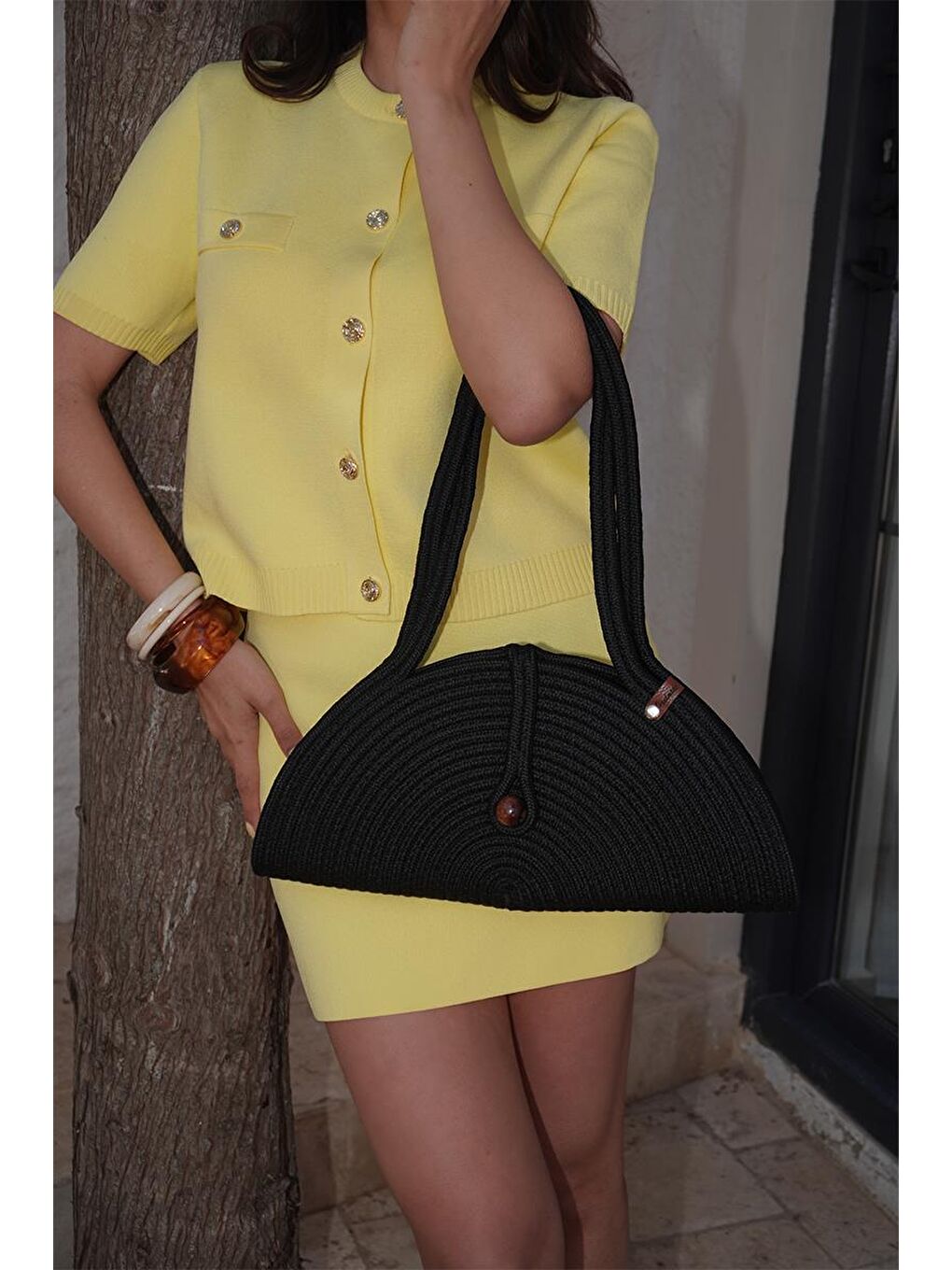 Paper Düğmeli Handmade Hasır Omuz Çantası Siyah-8