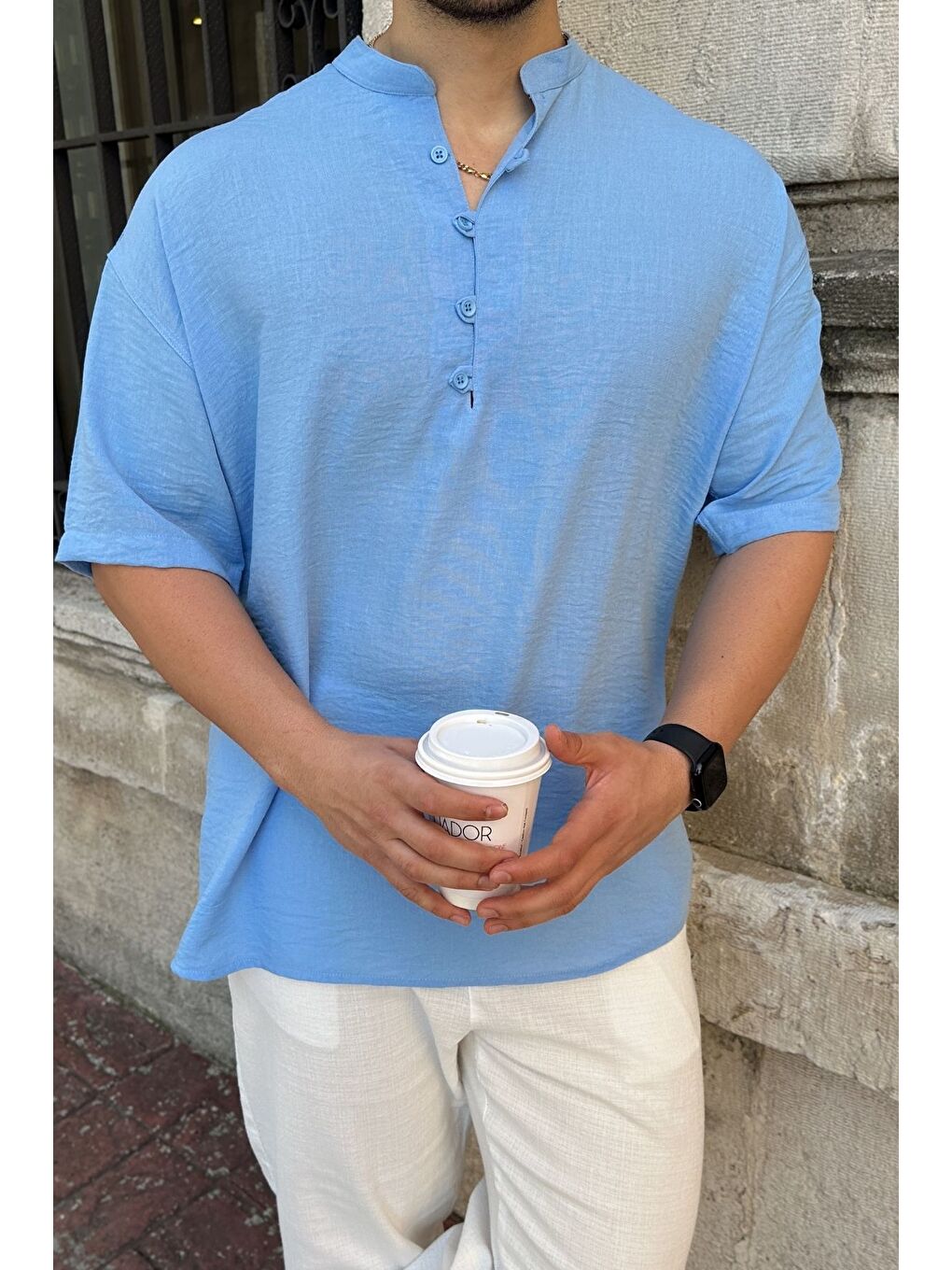 Mavi Soro Erkek Oversize Keten Görünümlü Kısa Kol Hakim Yaka Yarım Pat Gömlek