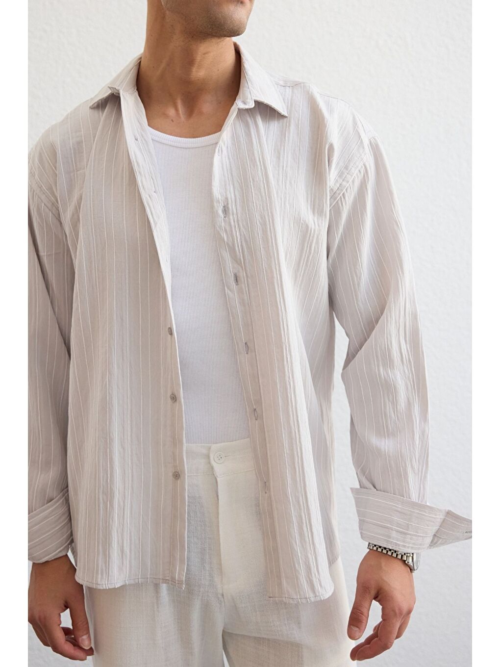 Gri Tugur Erkek Çizgili Oversize Premium Gömlek Soft Touch Refined Comfort-7