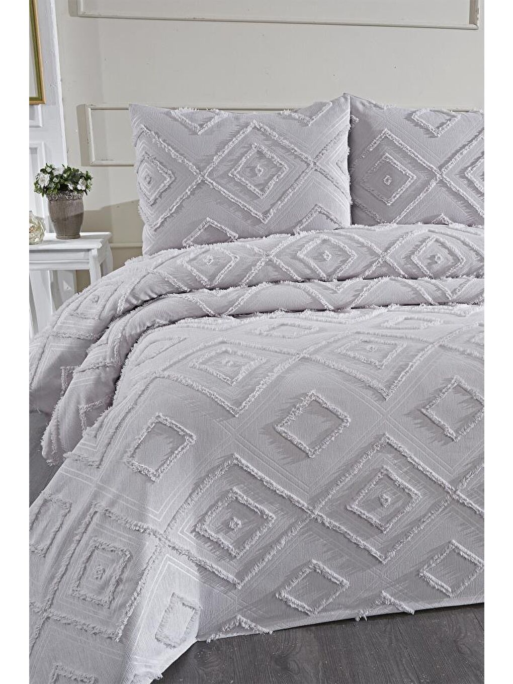 Samira 3 Parça Çift Kişilik Pike Takımı Gri-1