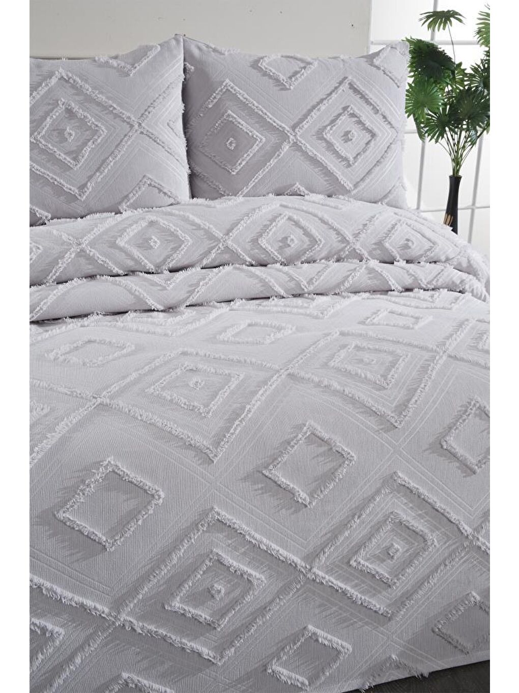 Samira 3 Parça Çift Kişilik Pike Takımı Gri-3