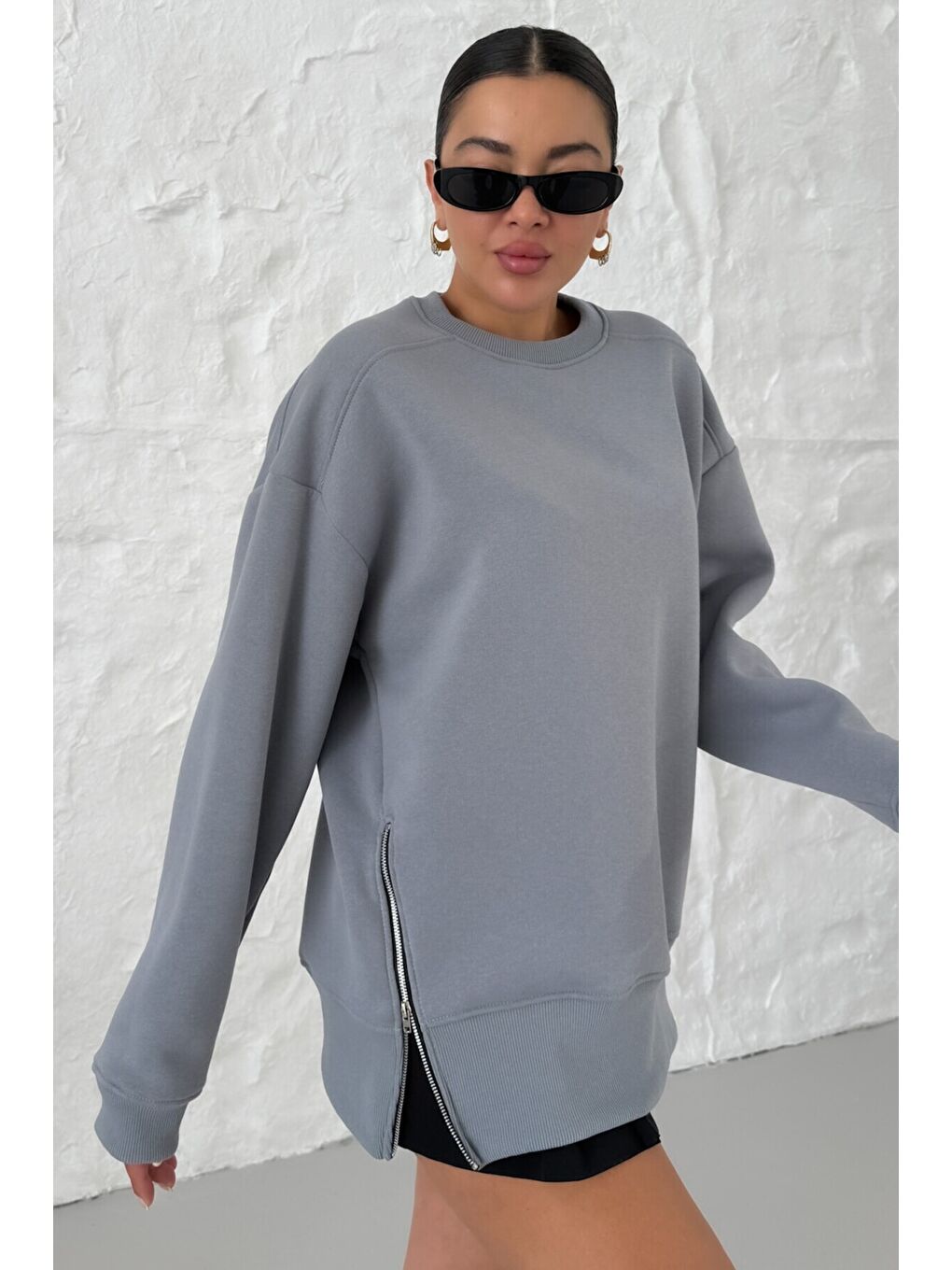 Gri Kadın Füme Bisiklet Yakalı Yanı Yarım Fermuar Detaylı Sweatshirt-2