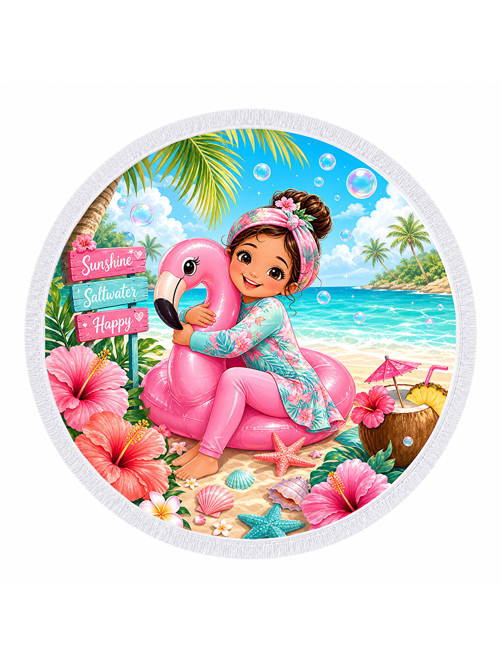 Pembe Flamingo Rüyası 150 Cm Yuvarlak Çocuk Plaj Havlusu Flamingo ve Tropik Çiçek Desenli-2