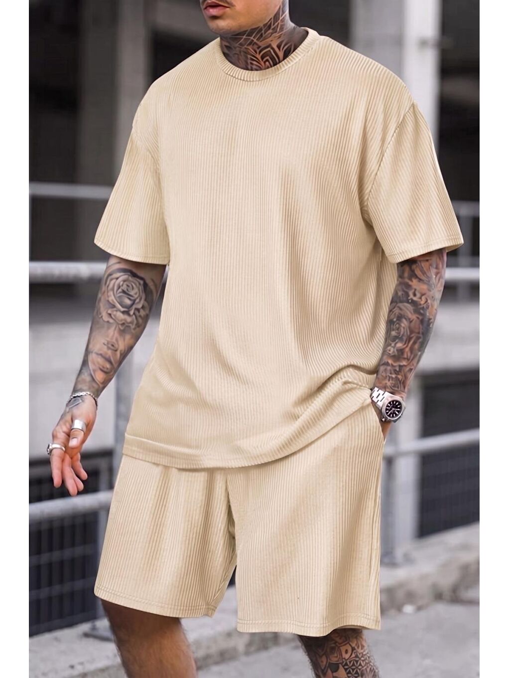 Ekru Ches Ottoman Oversize Erkek Şort Tişört Takım-1
