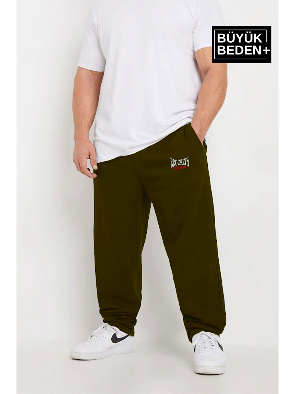 Haki Brooklyn Baskılı İnce Erkek Büyük Beden Eşofman Altı SPR25BEA50-1