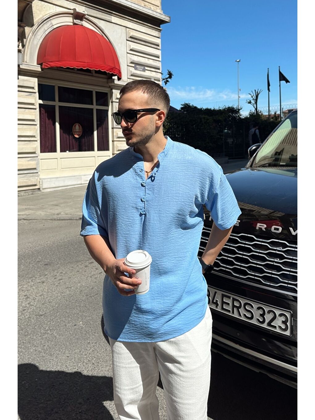 Mavi Soro Erkek Oversize Keten Görünümlü Kısa Kol Hakim Yaka Yarım Pat Gömlek-1