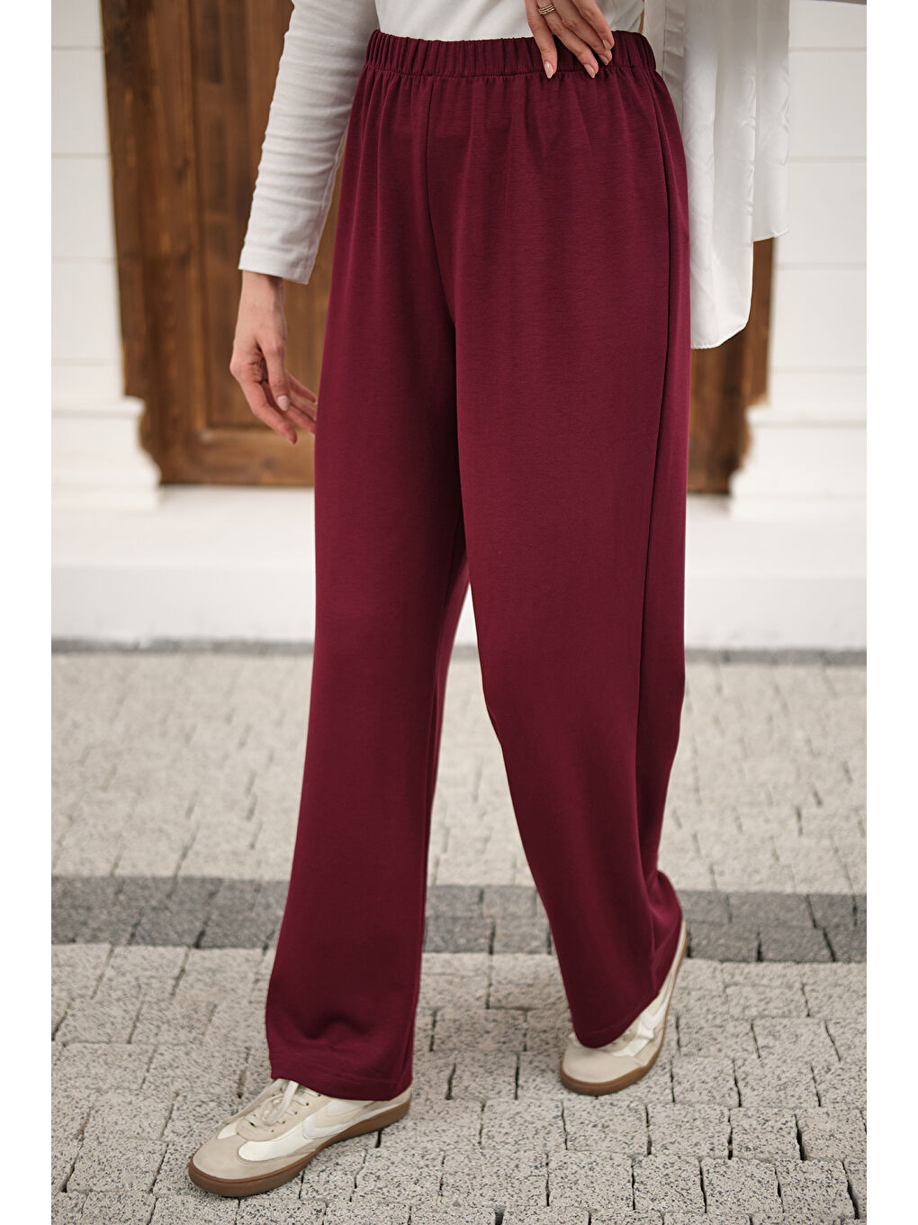 Kadın Beli Lastikli Pantolon Bordo-3