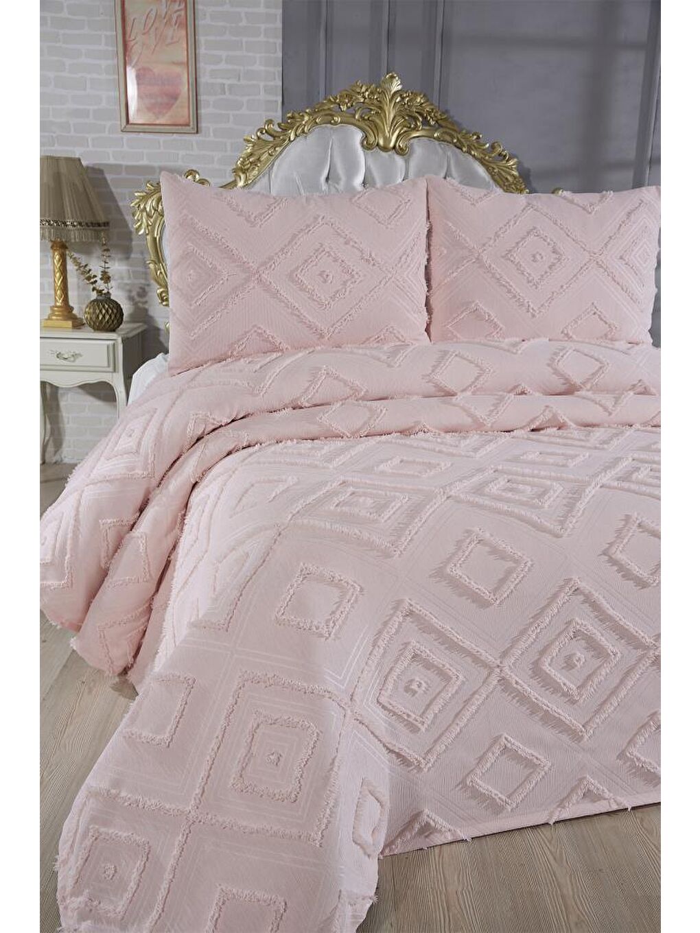 Pembe Samira 3 Parça Çift Kişilik Pike Takımı Pudra-1