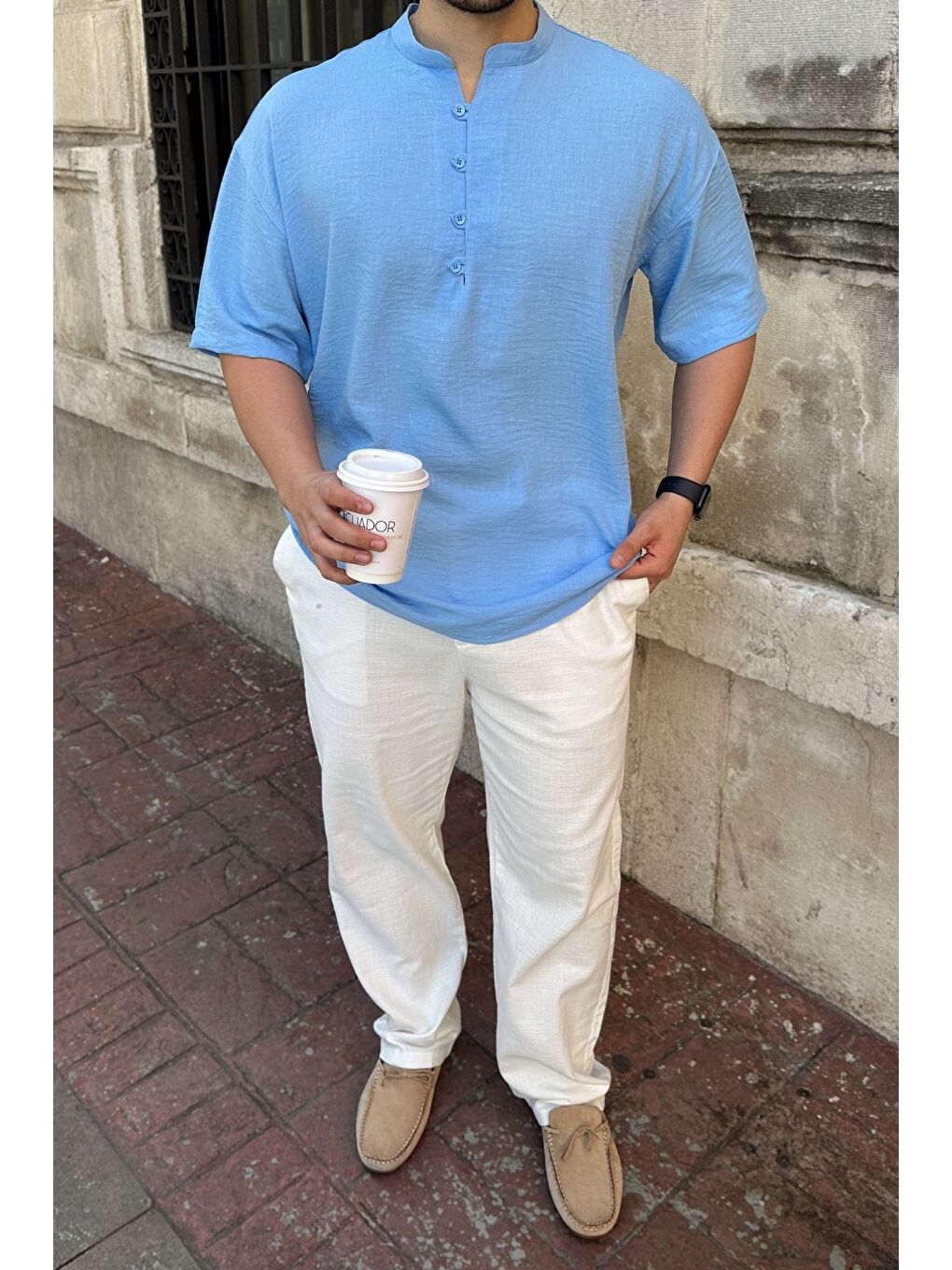 Mavi Soro Erkek Oversize Keten Görünümlü Kısa Kol Hakim Yaka Yarım Pat Gömlek-3