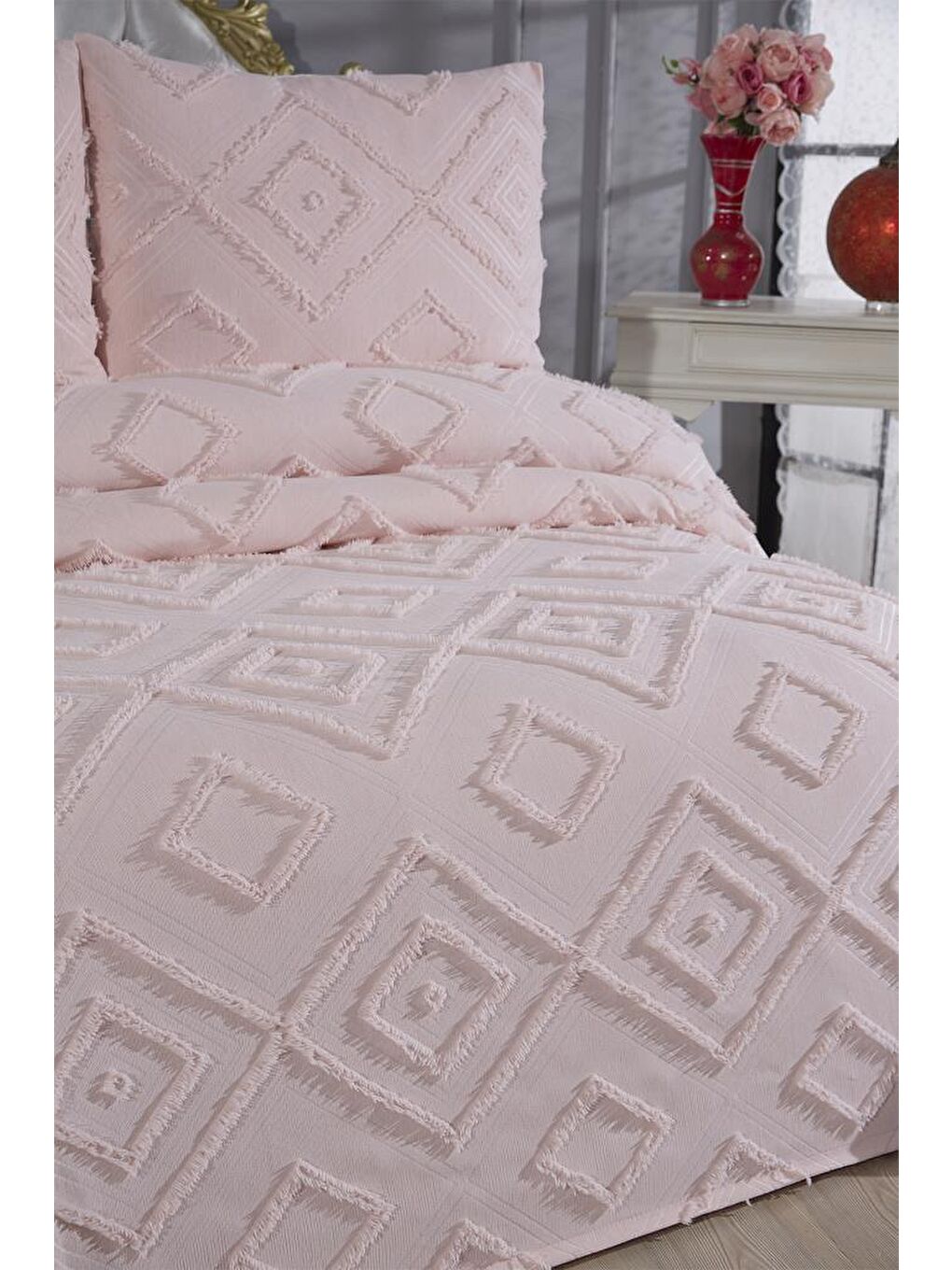 Pembe Samira 3 Parça Çift Kişilik Pike Takımı Pudra-2