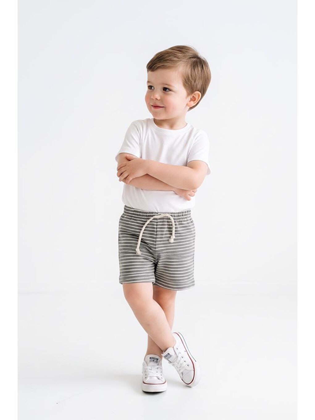 Bej Elastanlı Kabartma Çizgili 2li Şort Paket-4