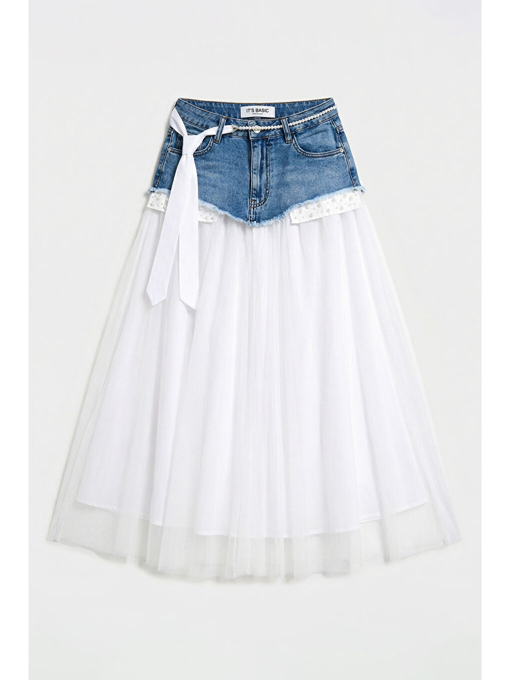 Kadın Beyaz Jean Rengi Maxi Boy Kravat Detaylı Özel Tasarım Etek-4