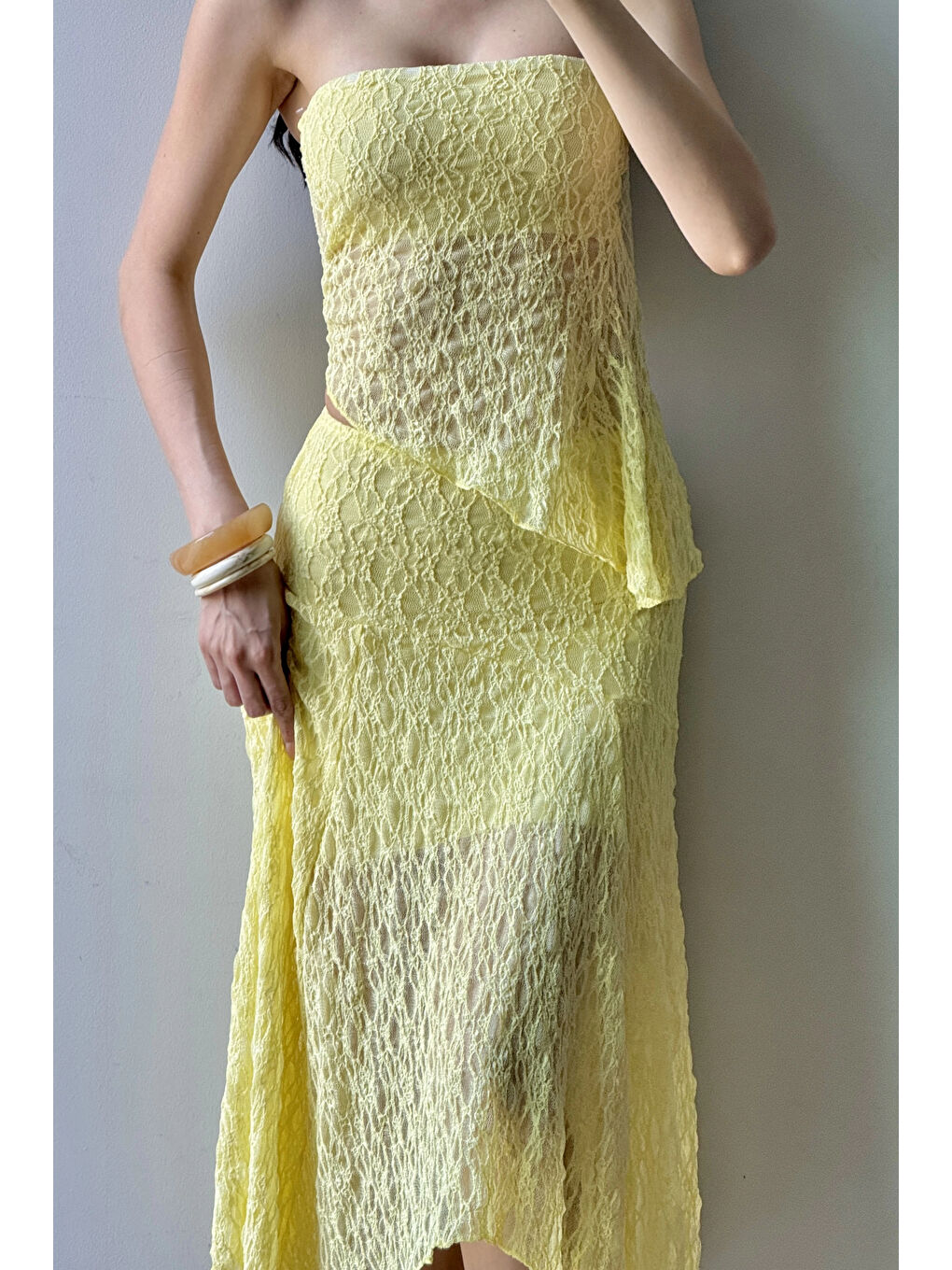 Kadın Sarı Dantel Crop Etek Takım 1026-221725-3