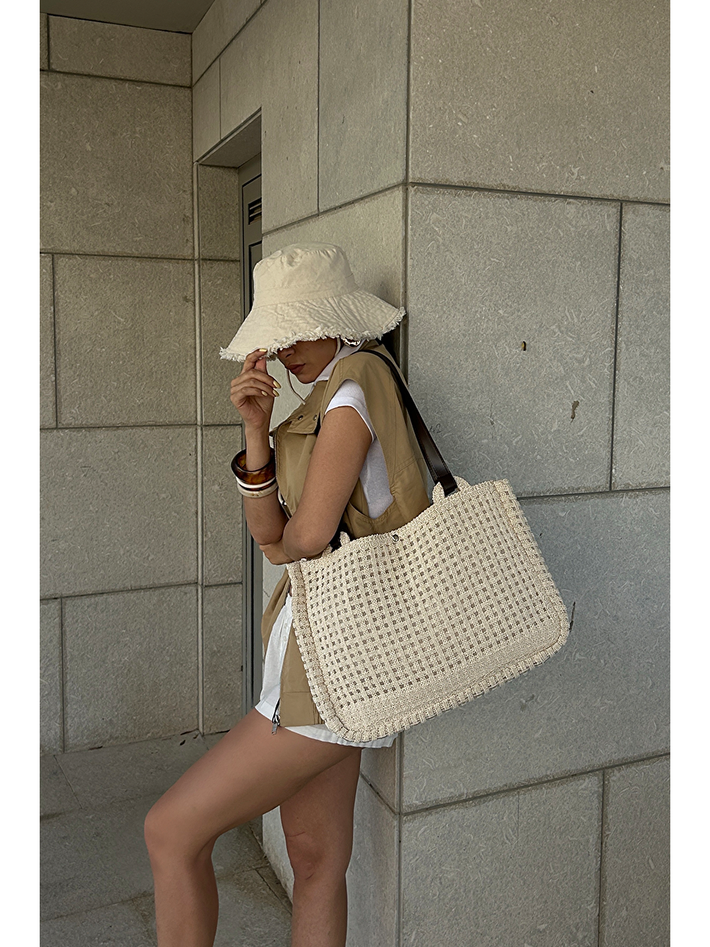 Ekru Fabri Big Size Makrome Omuz Çantası Krem-11